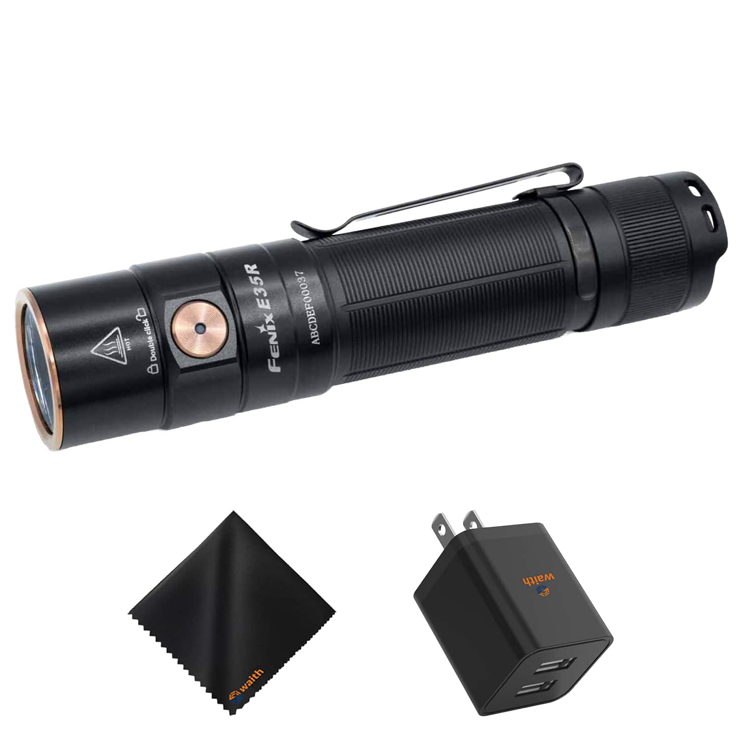 Fenix - E35R Magnetic Tail Flashlight Dual USB 2.4A Wall Plug, Cleaning Cloth Kit - Black