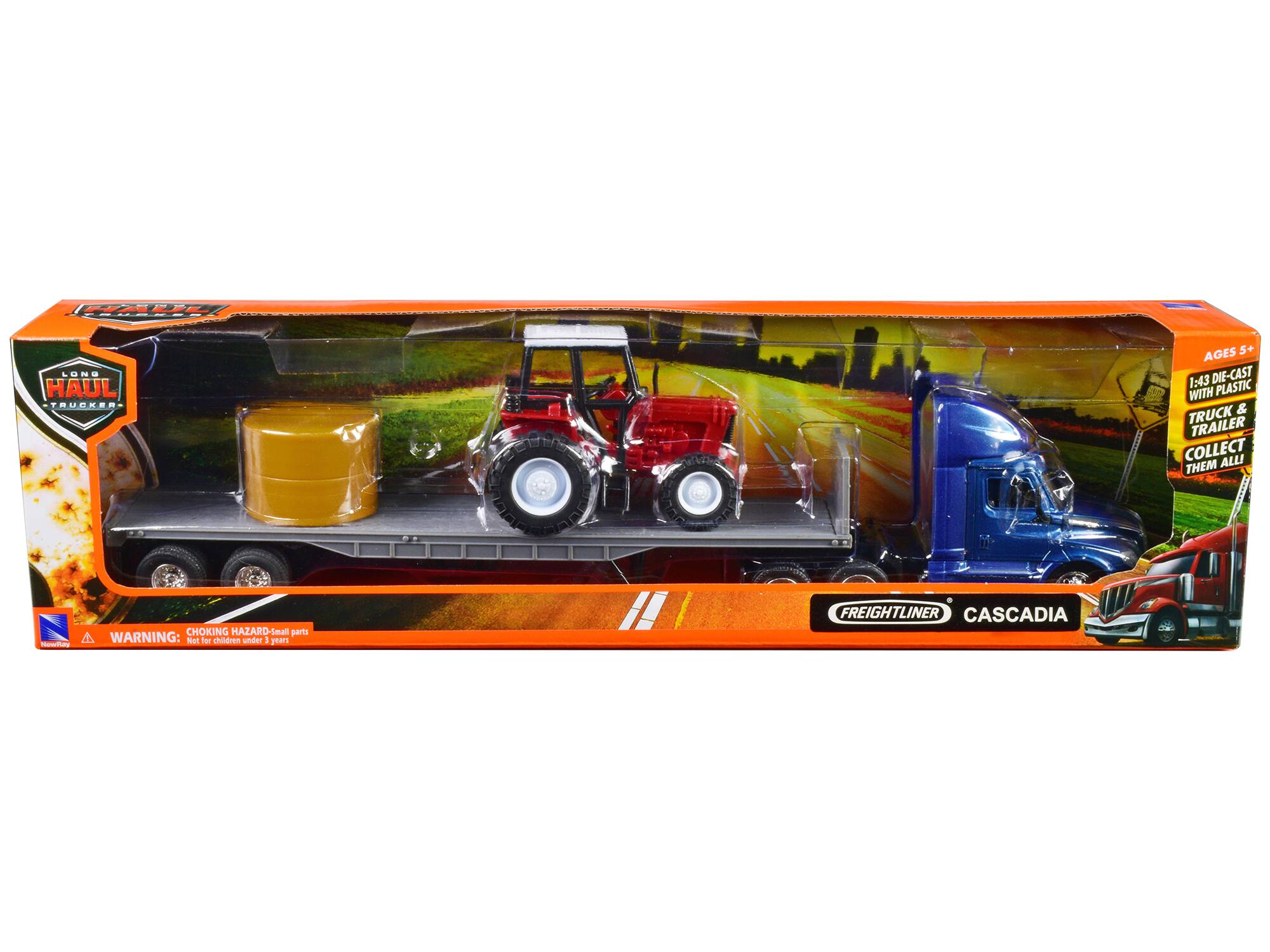 R LUNG HAUL TRUCKER AGES 5+ 1:43 DIE-CAST WITH PLASTIC TRUCK & TRAILER COLLECT THEM ALL!  
WARNING: CHOKING HAZARD-Small parts. Not for children under 3 years.  
FREIGHTLINER CASCADIA