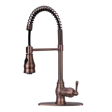 Front. Akicon - Akicon Pre-Rinse Spring 360° Swivel Solid Brass Single Handle Kitchen Faucet with Pull Down Sprayer in Antique Brass - Antique Brass.