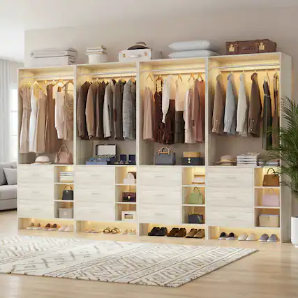 Front. Aheaplus - 10FT Large Closet System 4-Piece Set with 12 Drawers, 118'' Walk-in Closet Organizer with Hanging Rods for Closet - Beige Oak.