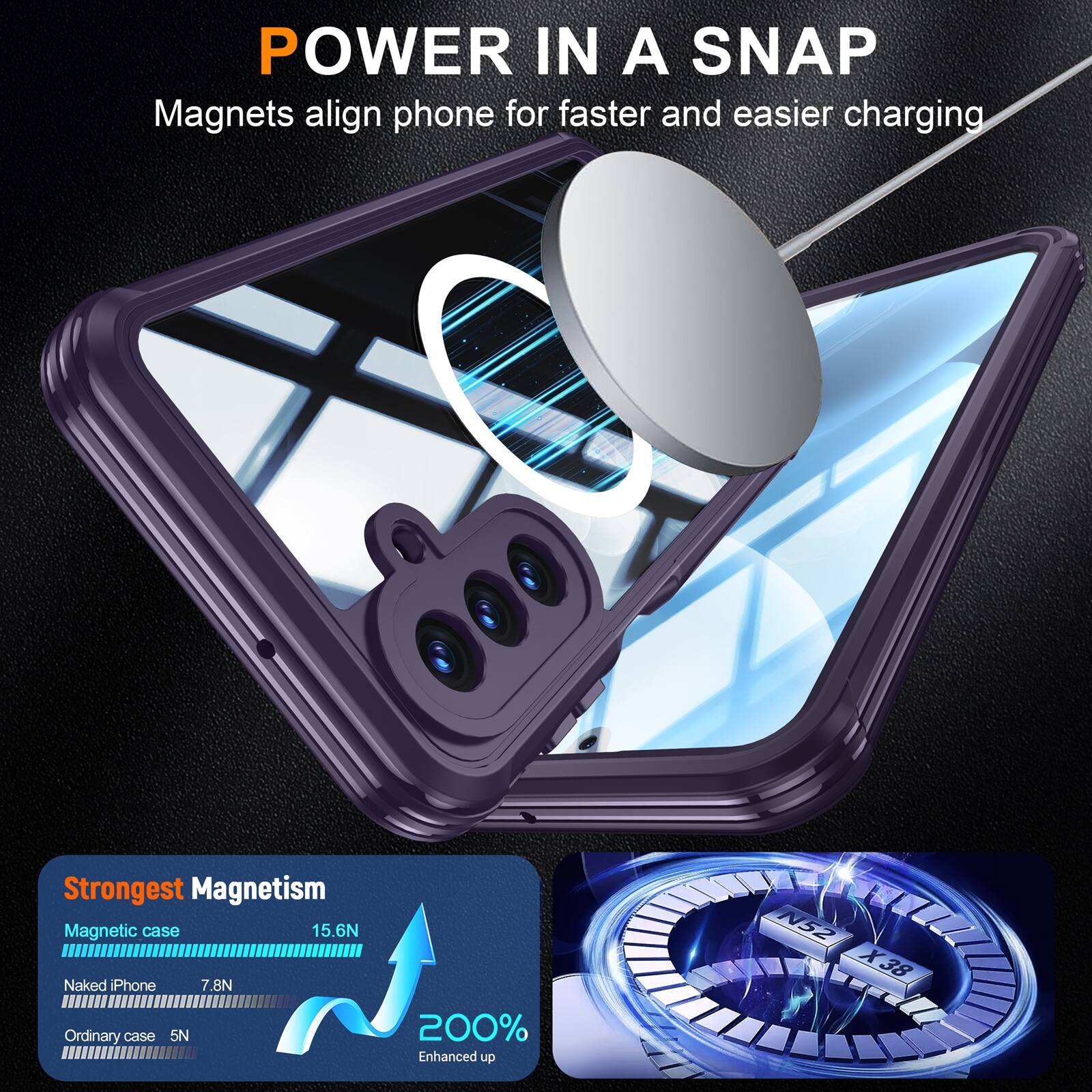 POWER IN A SNAP  
Magnets align phone for faster and easier charging  

Strongest Magnetism  
Magnetic case 15.6N  
Naked iPhone 7.8N  
Ordinary case 5N  

200% Enhanced up  
N52 X38