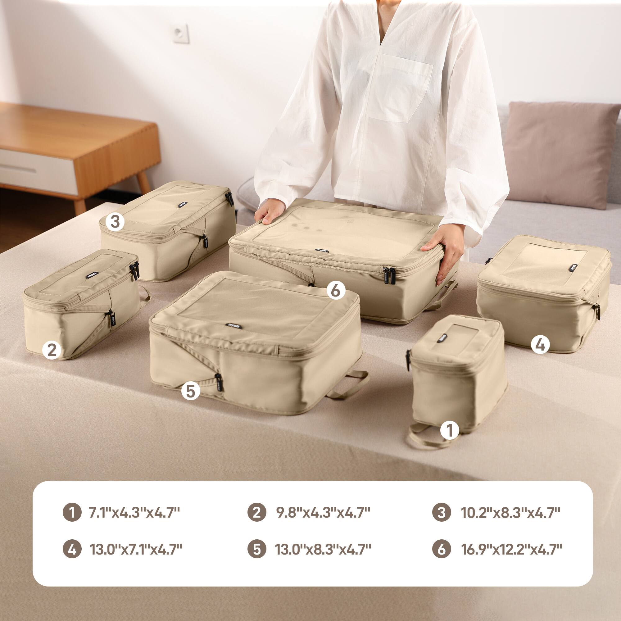 1 7.1"x4.3"x4.7"
2 9.8"x4.3"x4.7"
3 10.2"x8.3"x4.7"
4 13.0"x7.1"x4.7"
5 13.0"x8.3"x4.7"
6 16.9"x12.2"x4.7"