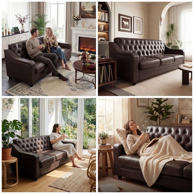 Alt View 4. Dyonery - Dyonery 78.7" PU Leather Couch, Sofa with Deep Seat, Handmade Button Tufted 3 Seater Sofa, Modern Leather Sofa - Black.