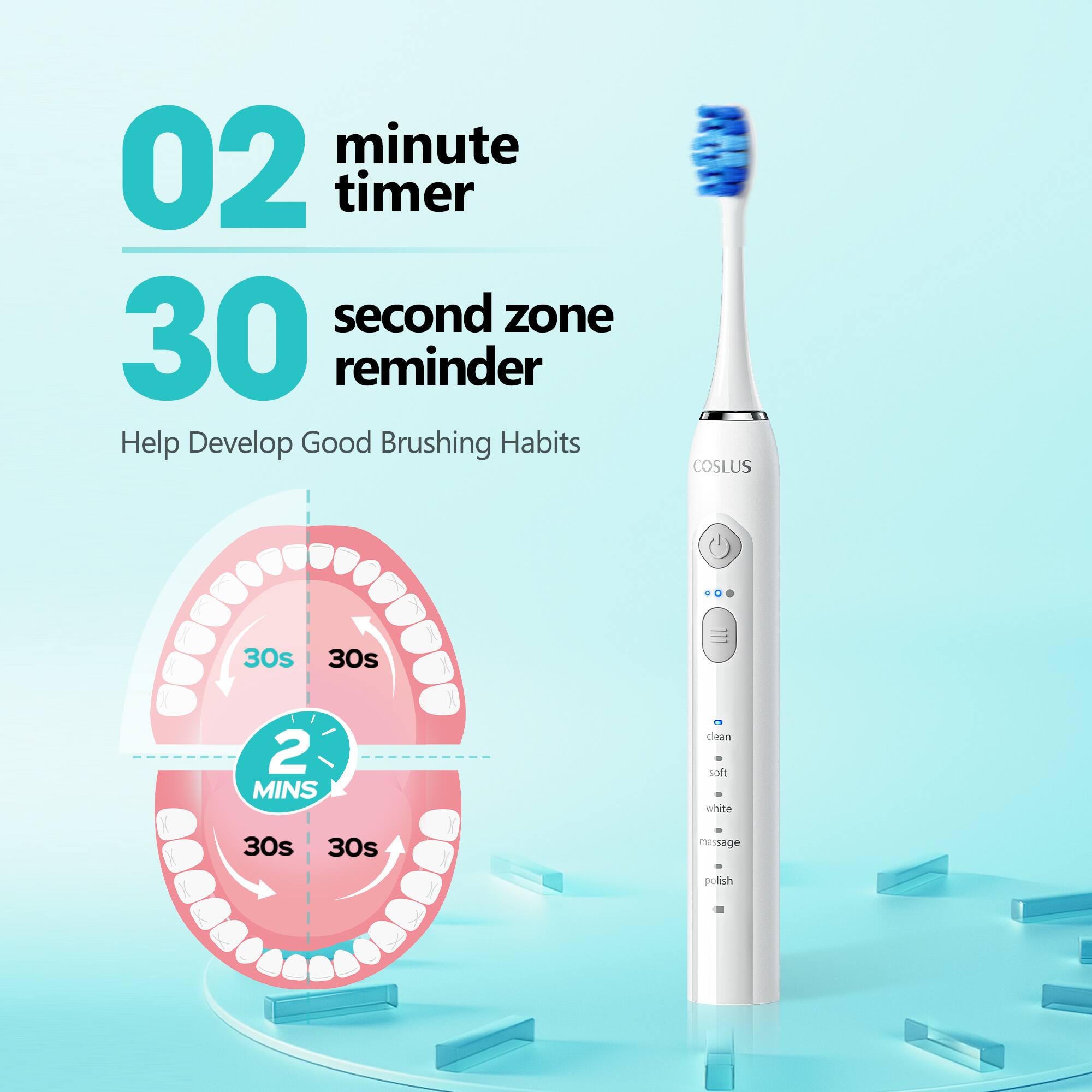 02 minute timer  
30 second zone reminder  
Help Develop Good Brushing Habits  
COSLUS  
30s 30s 2 MINS  
clean soft white massage polish
