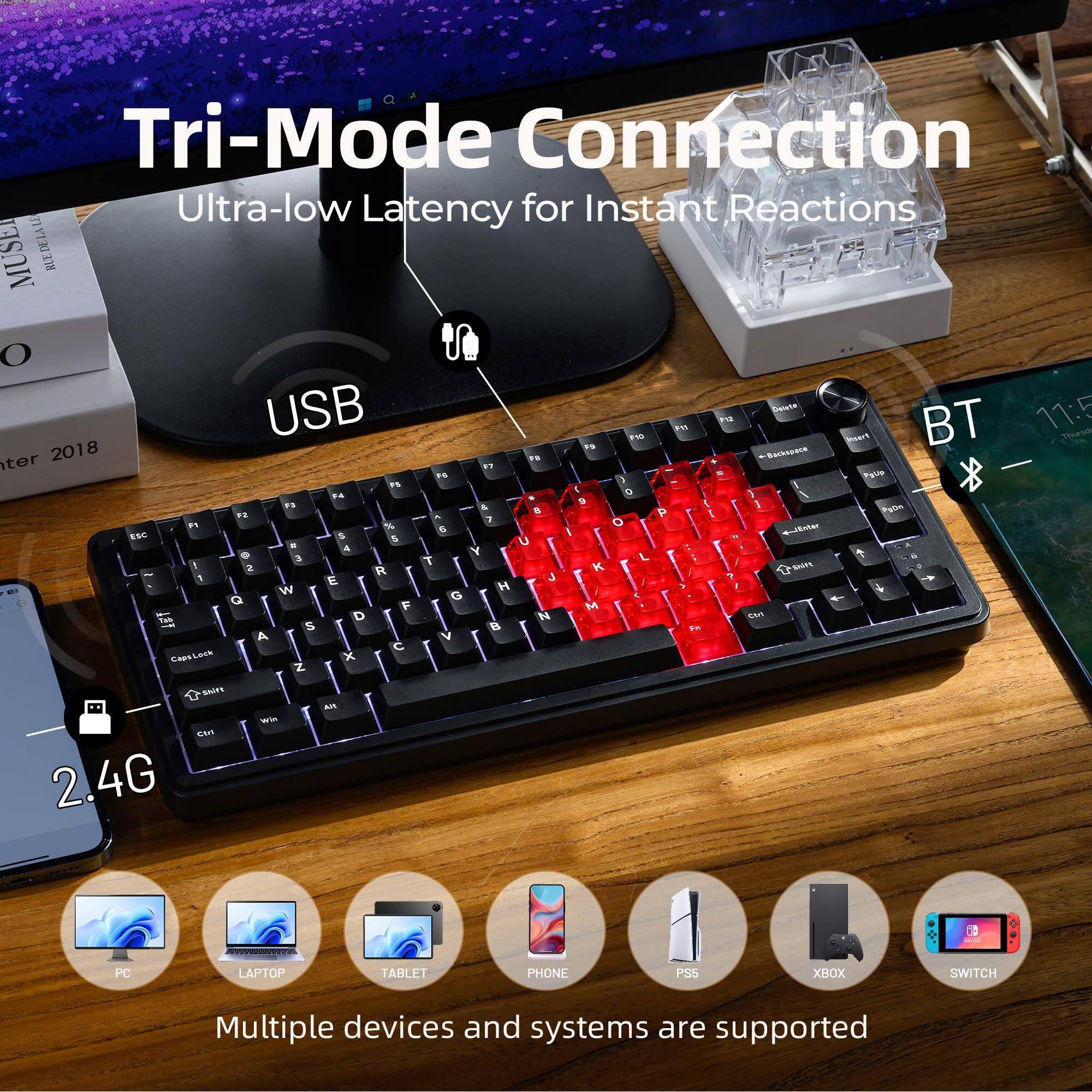 Tri-Mode Connection  
Ultra-low Latency for Instant Reactions  

USB  
2.4G  
BT  

Multiple devices and systems are supported  
PC  
LAPTOP  
TABLET  
PHONE  
PS5  
XBOX  
SWITCH  

MUSE REEDLARE  
2018