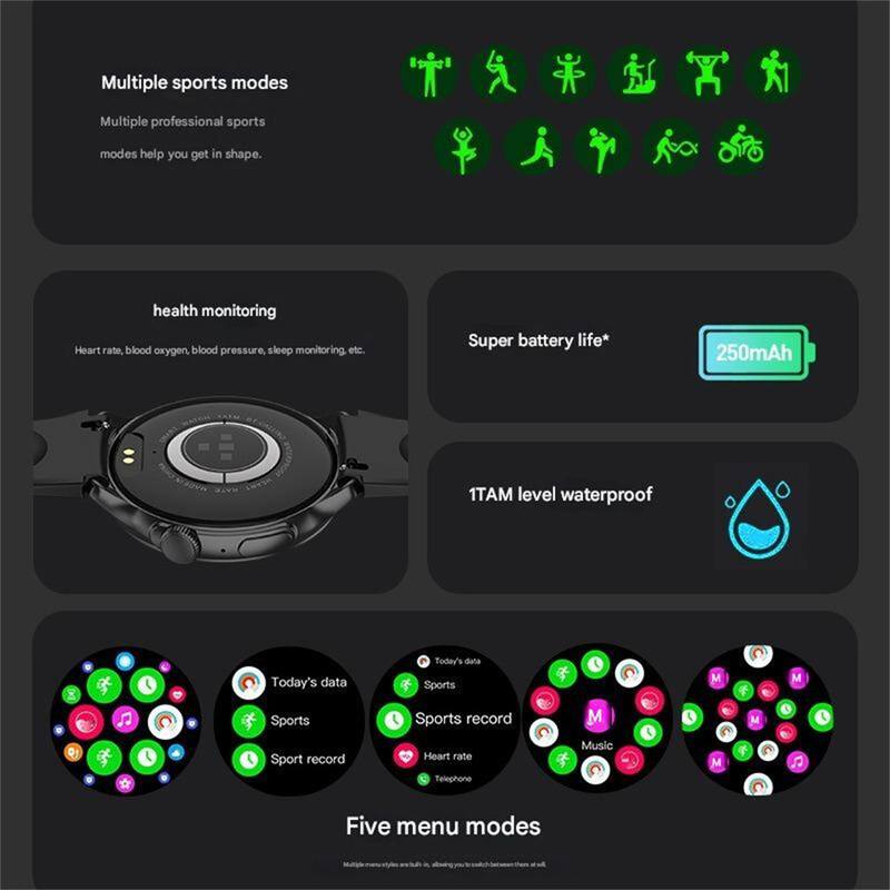 Multiple sports modes  
Multiple professional sports modes help you get in shape.

Health monitoring  
Heart rate, blood oxygen, blood pressure, sleep monitoring, etc.

Super battery life*  
250mAh

1TAM level waterproof

Today's data  
Sports  
Sport record

Five menu modes  
- Today's data  
- Sports  
- Sport record  
- Heart rate  
- Telephone  
- Music