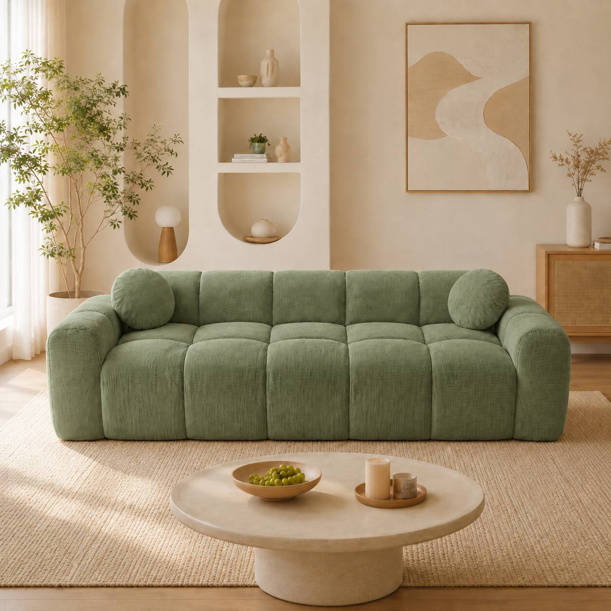 Front. Anysun - 98.4" Extra Large Compression Sofa – Corduroy Cloud Puff Couch with 2 Pillows, Vacuum Packed Easy to Move - Green.