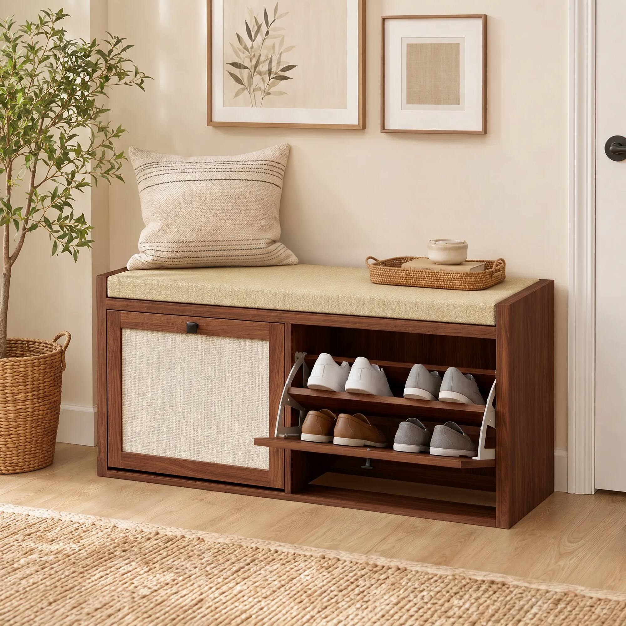 Alt View 1. Homcom - Storage Bench with Padded Seat - Brown.