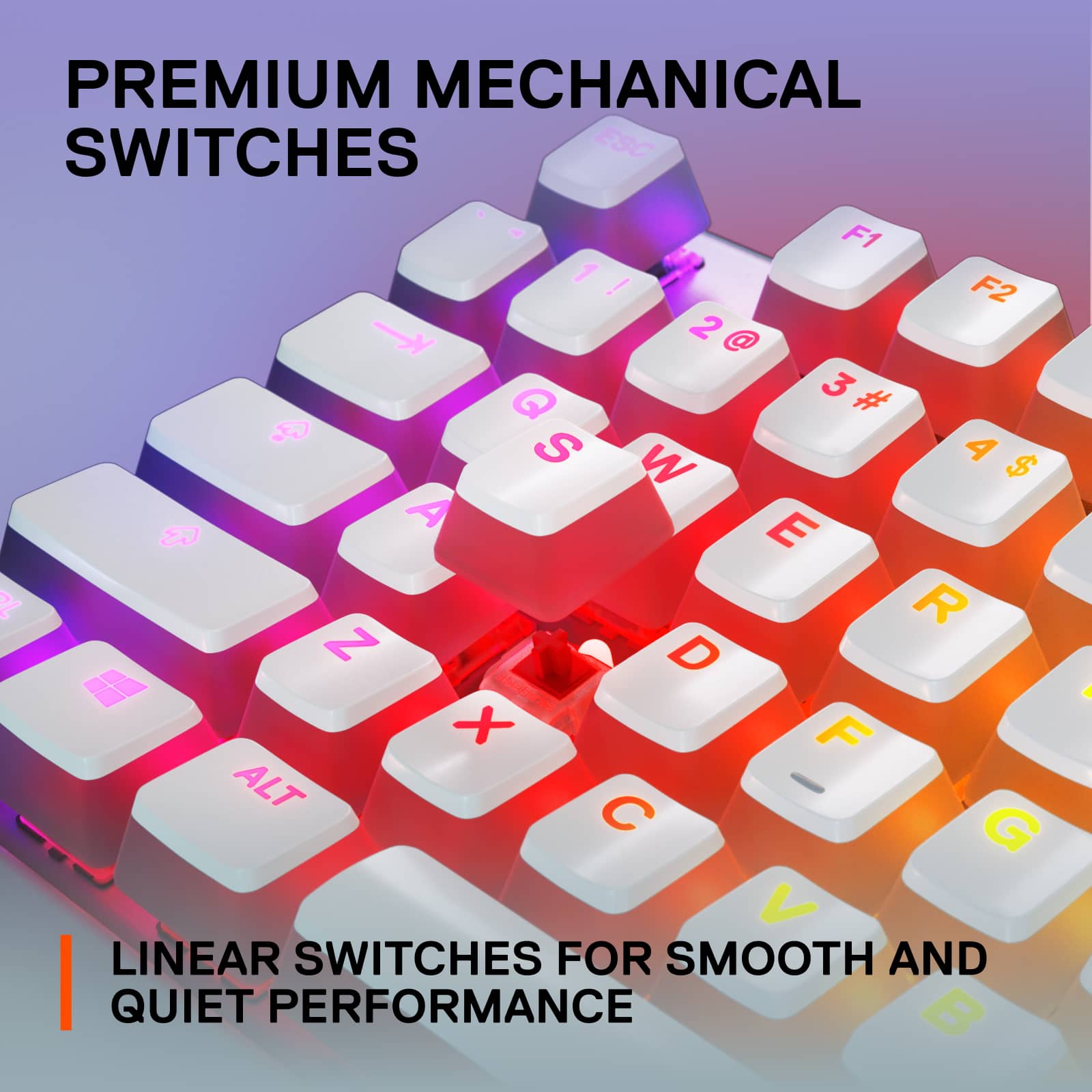 Premium Mechanical Switches:
ESC 4 F1 1! 1! F2 2 @ Q 3 # 3o S 4 W $ A E G ? R N D ab X F ALT - G V LINEAR SWITCHES FOR SMOOTH AND QUIET PERFORMANCE B