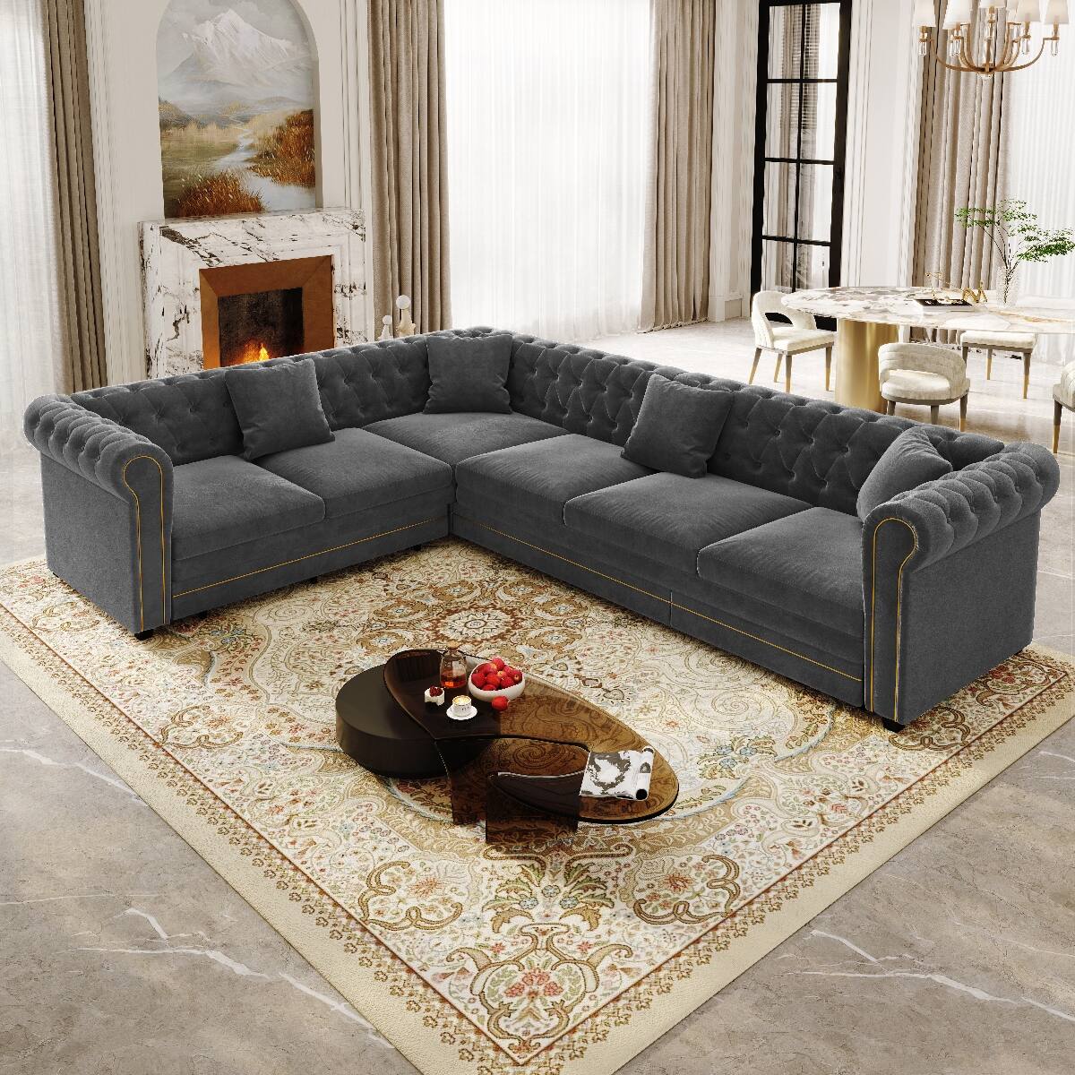 Ropilly L Shaped Sleeper Sofa Dark Gray Velvet Pull Out Sectional Sofa ...