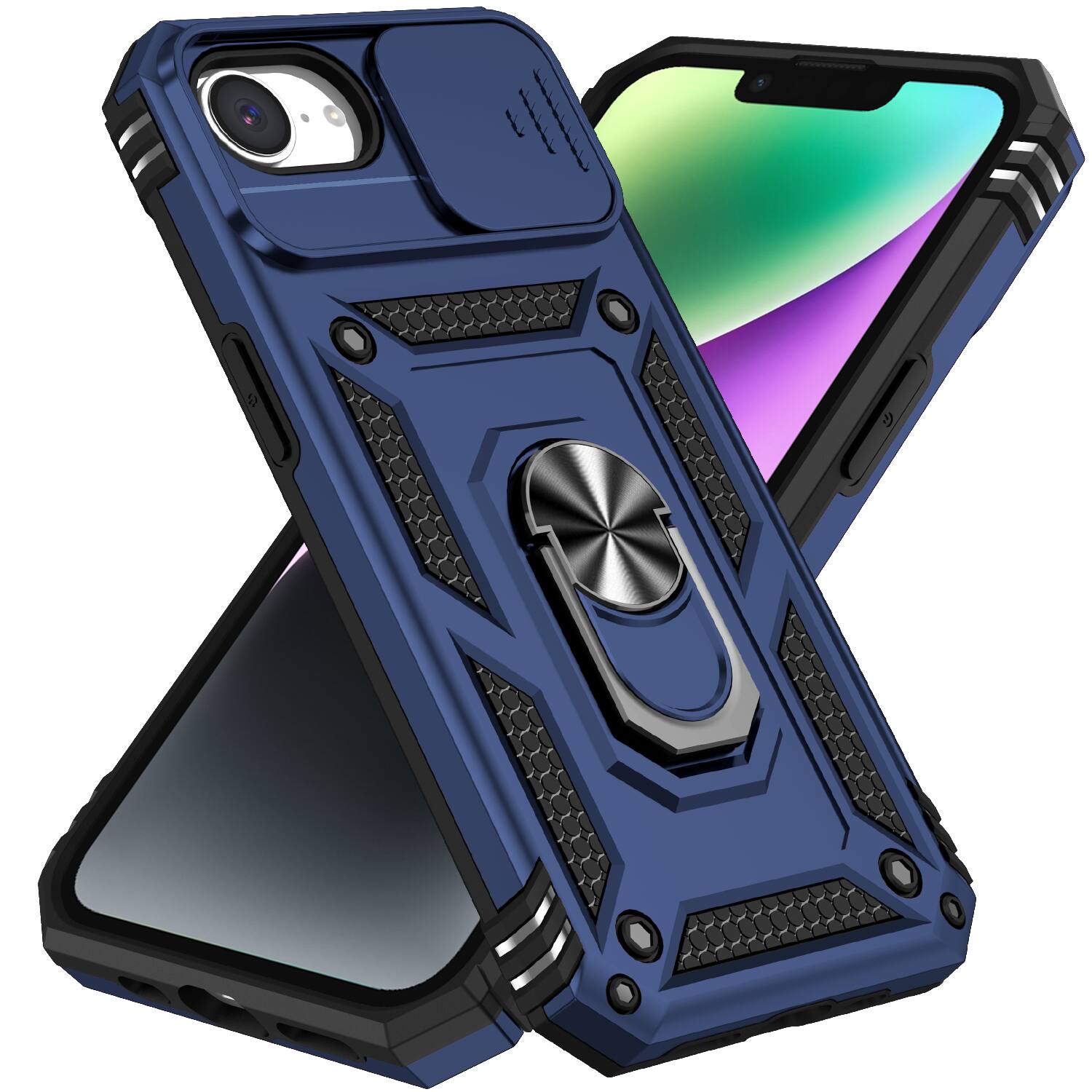 Angle. UUCOVER - Shockproof Case for iPhone 17e / iPhone 16e Slide Camera Cover Ring Stand TPU+PC Rugged Protective Back Case - Blue.