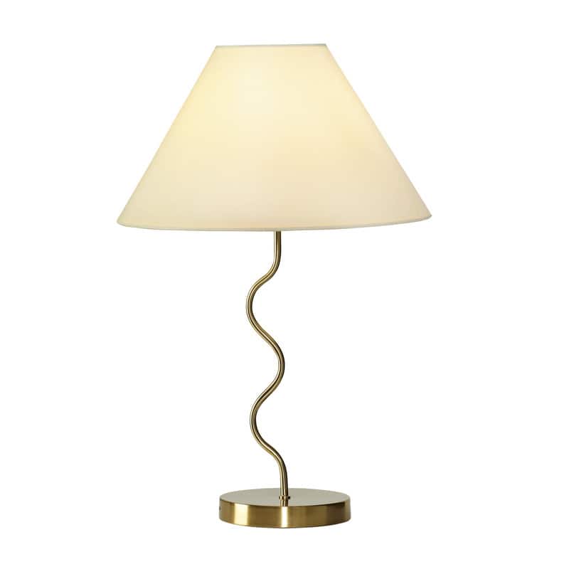 Brightech - Squiggle LED Midcentury Modern Standing Dimmable Bedside Nightstand Desk Lamp with Ivory White Fabric Empire Shade - Antiqued Brass