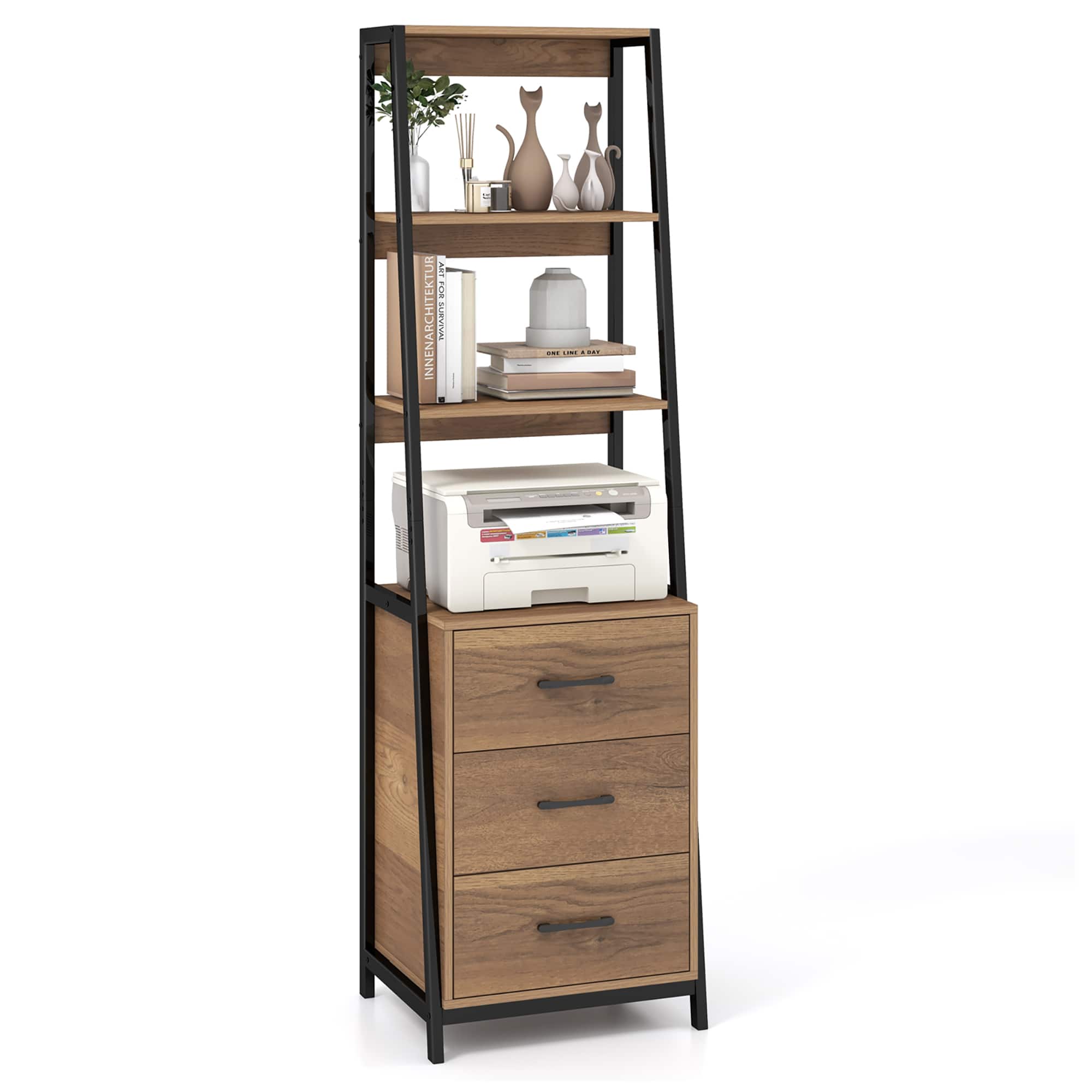 Gymax - Ladder Bookshelf Tall Bookcase w/ 3 Open Shelves Printer Stand 3 Storage Drawers - Natural