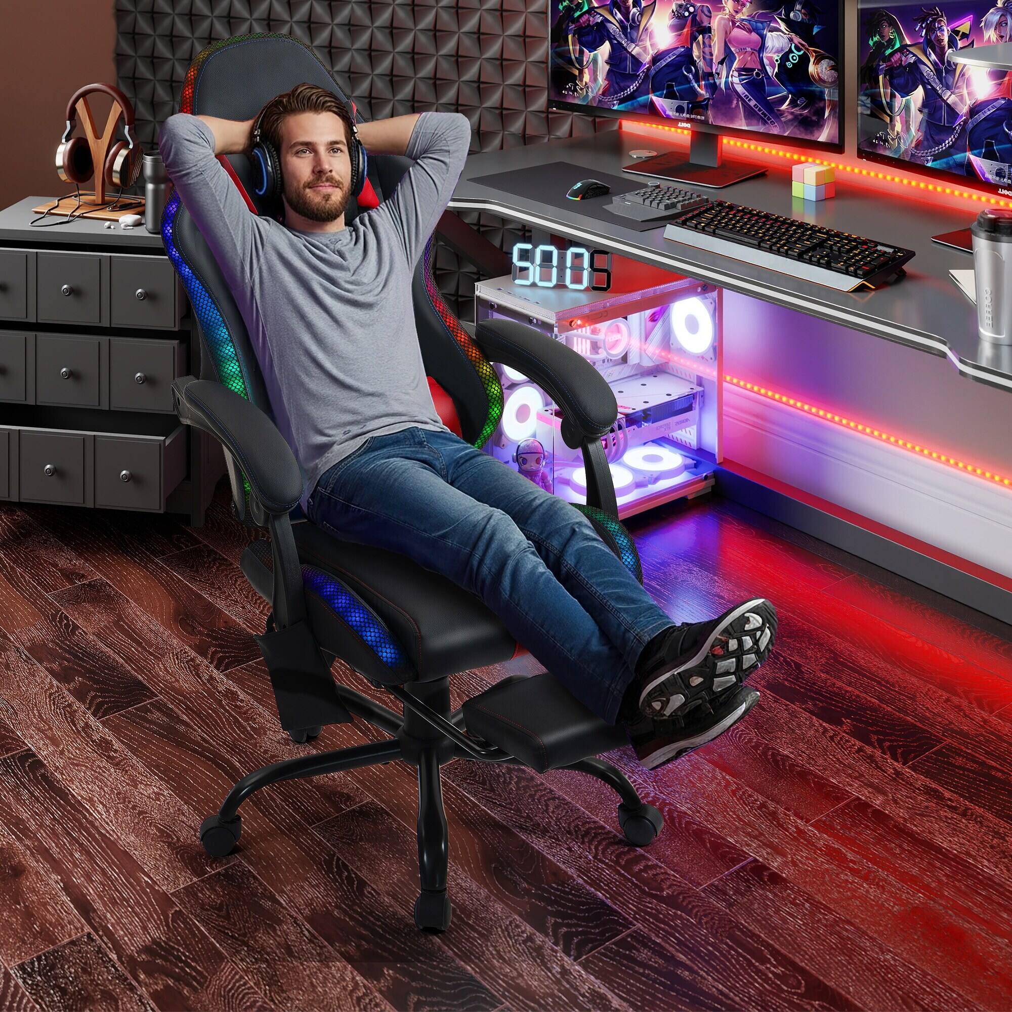 Left. U-HOMY - High-Back RGB LED Gaming Chair with Upgraded Lumbar Massager & Footrest, Ergonomic Reclining Computer Chair - Red.