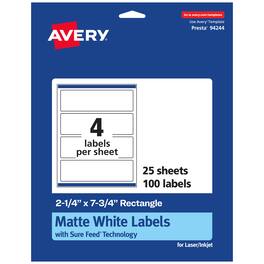 Avery - Matte Rectangle Labels, 2.25" x 7.75", 100 Labels - White