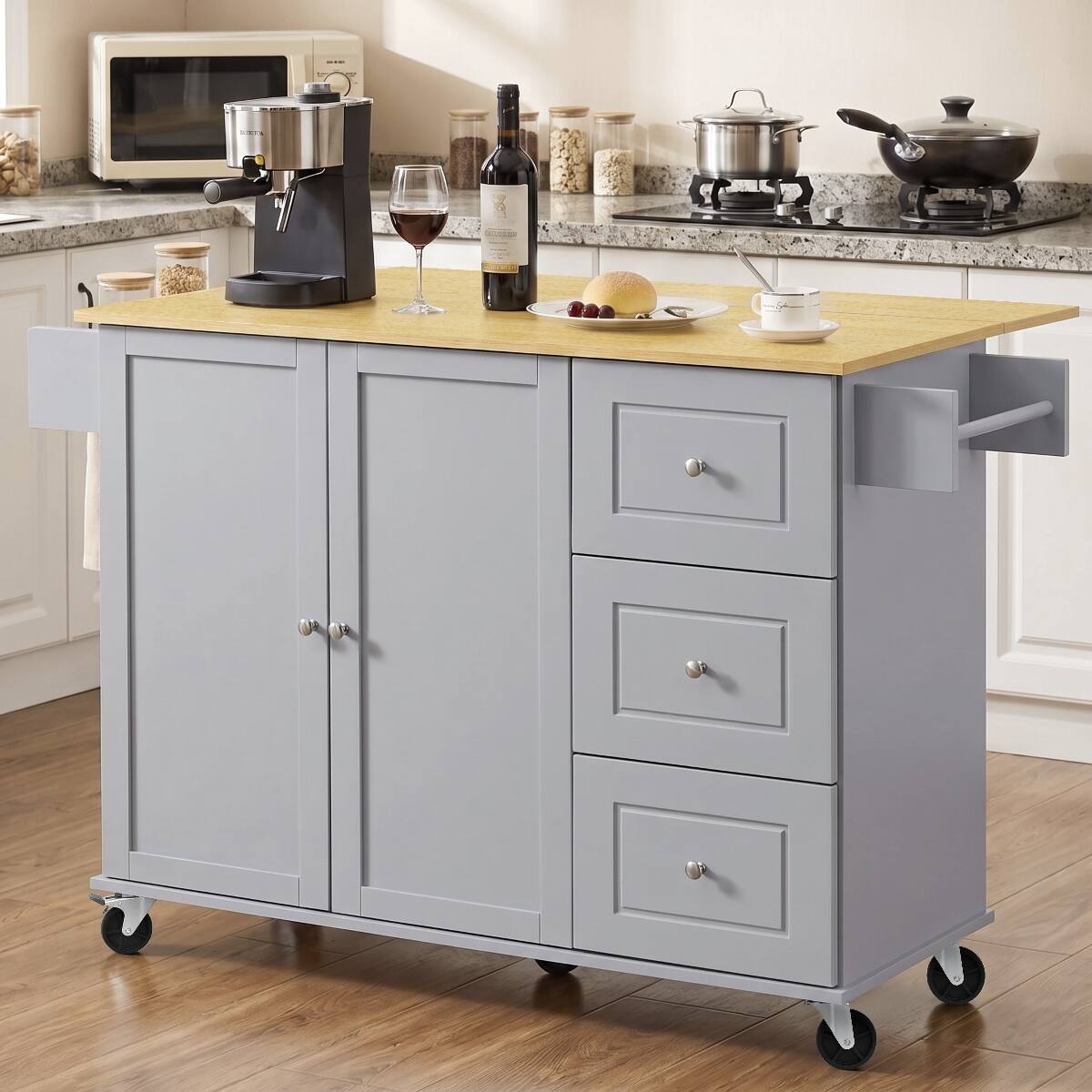 Front. Loheer - Loheer 52.7" Rolling Kitchen Island with Drop Leaf, Grey Blue Mobile Kitchen Island with 3 Drawers & Adjustable Shelf - Blue+Grey.