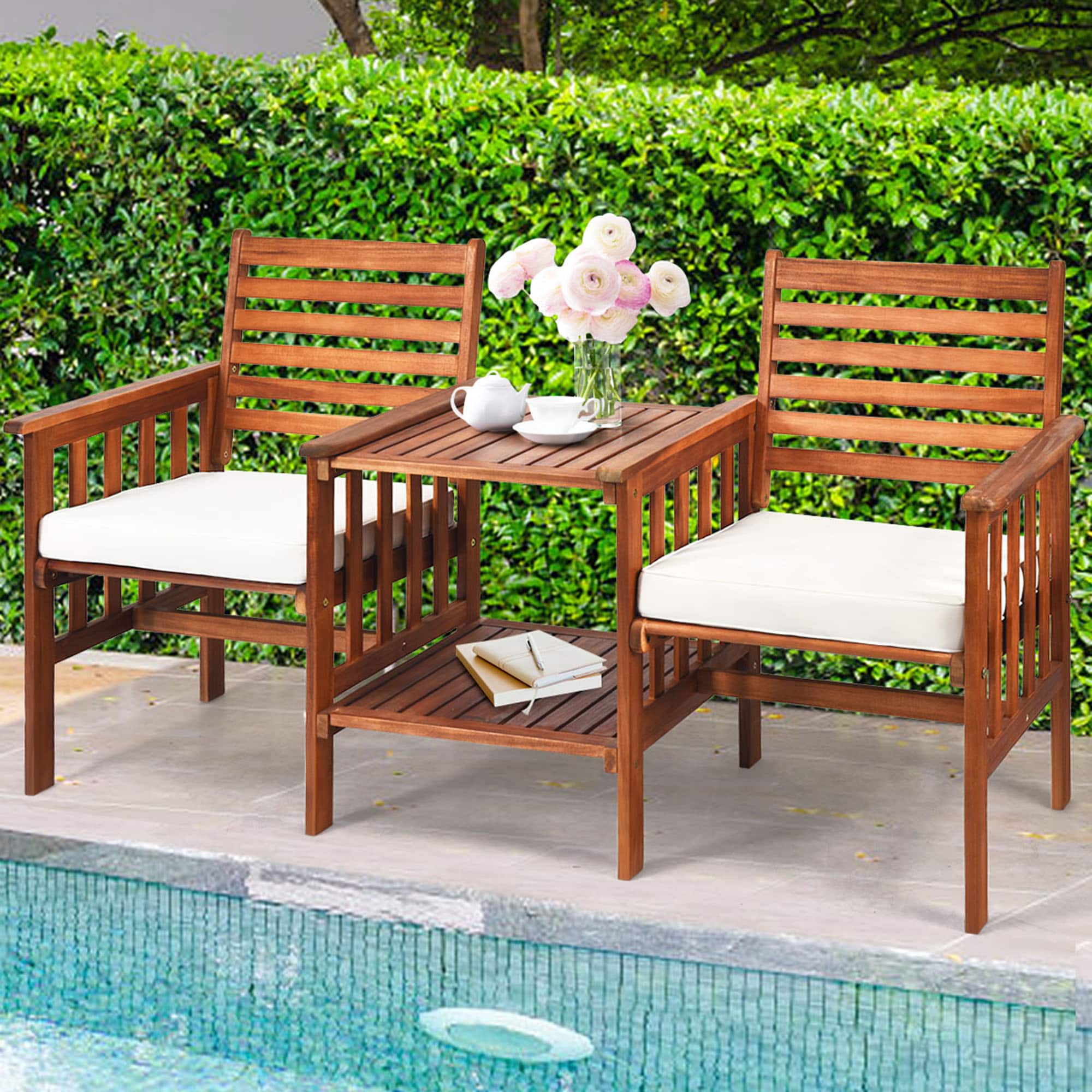 Gymax - Acacia Wood Loveseat Patio Outdoor Conversation Set w/ Table White Cushion - White+Brown