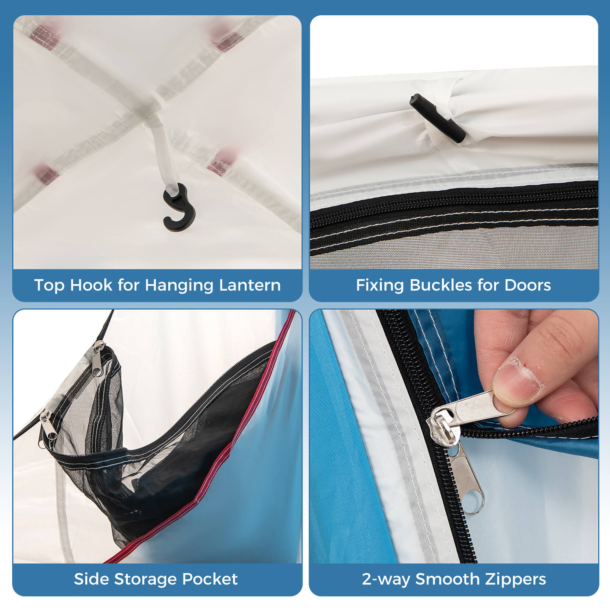 1. Top Hook for Hanging Lantern
2. Fixing Buckles for Doors
3. Side Storage Pocket
4. 2-way Smooth Zippers