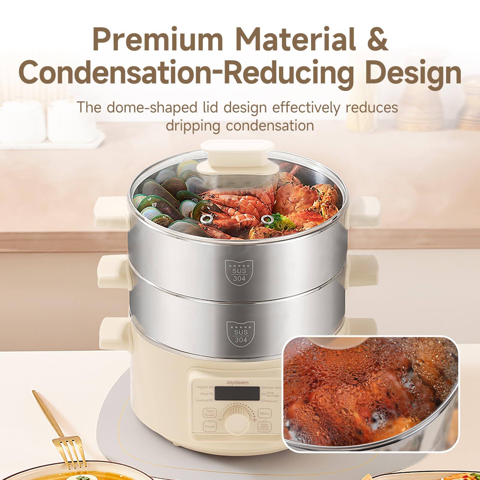 Premium Material & Condensation-Reducing Design  
The dome-shaped lid design effectively reduces dripping condensation  

SUS 304  
SUS 304  

Origies Meat Seafood  
loydeem  
Shrom cup Pornidge  
See  
Menu  
Product  
Accom