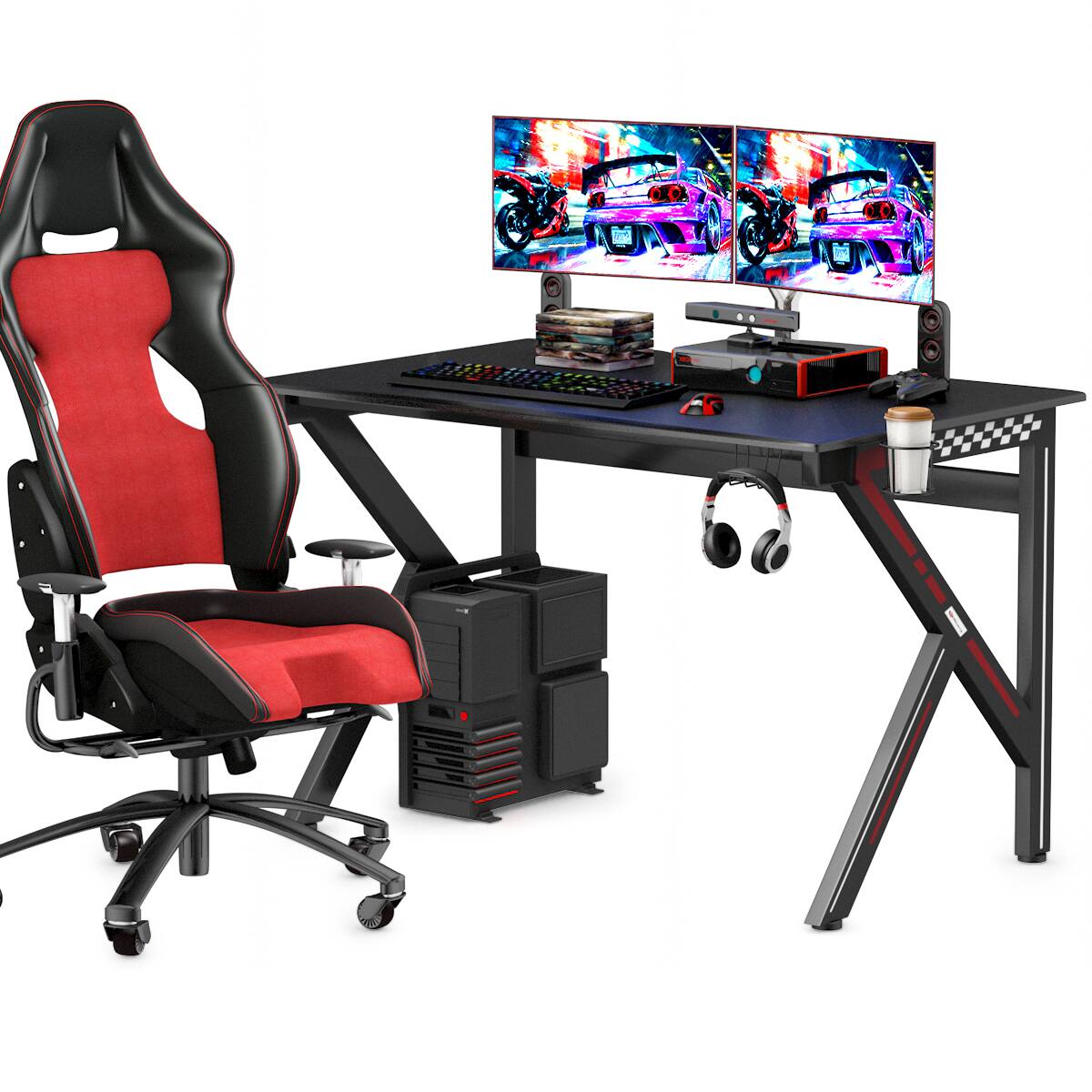 Angle. Costway - K-Shaped Gaming Desk with Cup Holder - Black.