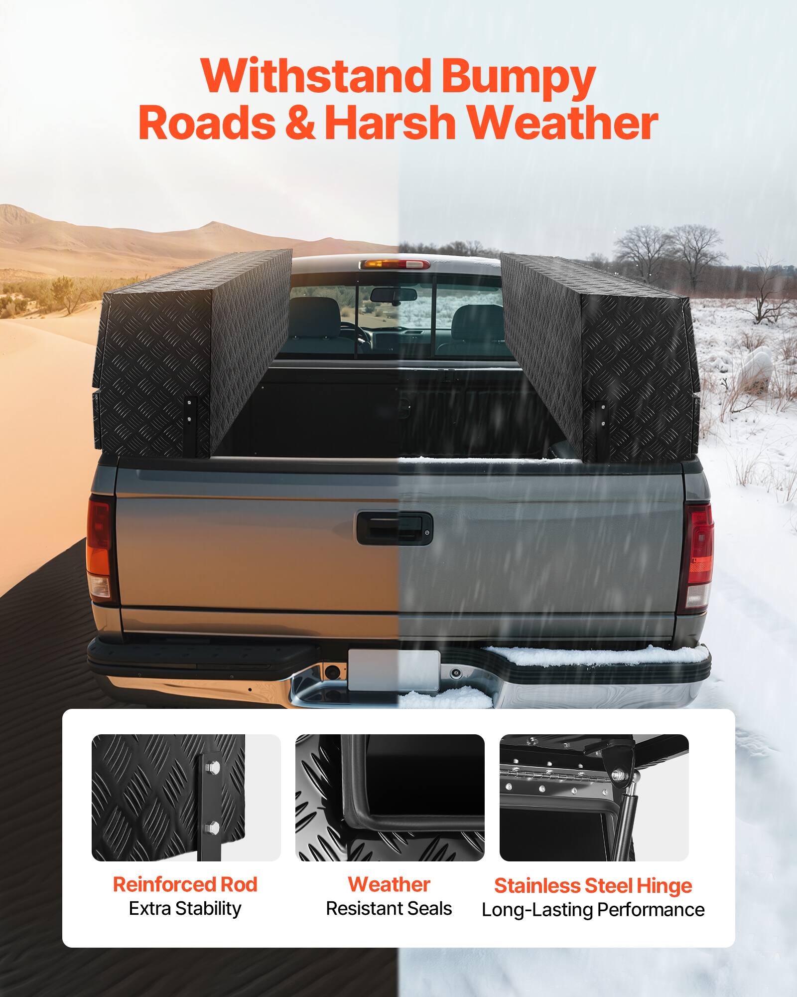 Withstand Bumpy Roads & Harsh Weather

- Reinforced Rod: Extra Stability
- Weather Resistant Seals
- Stainless Steel Hinge: Long-Lasting Performance