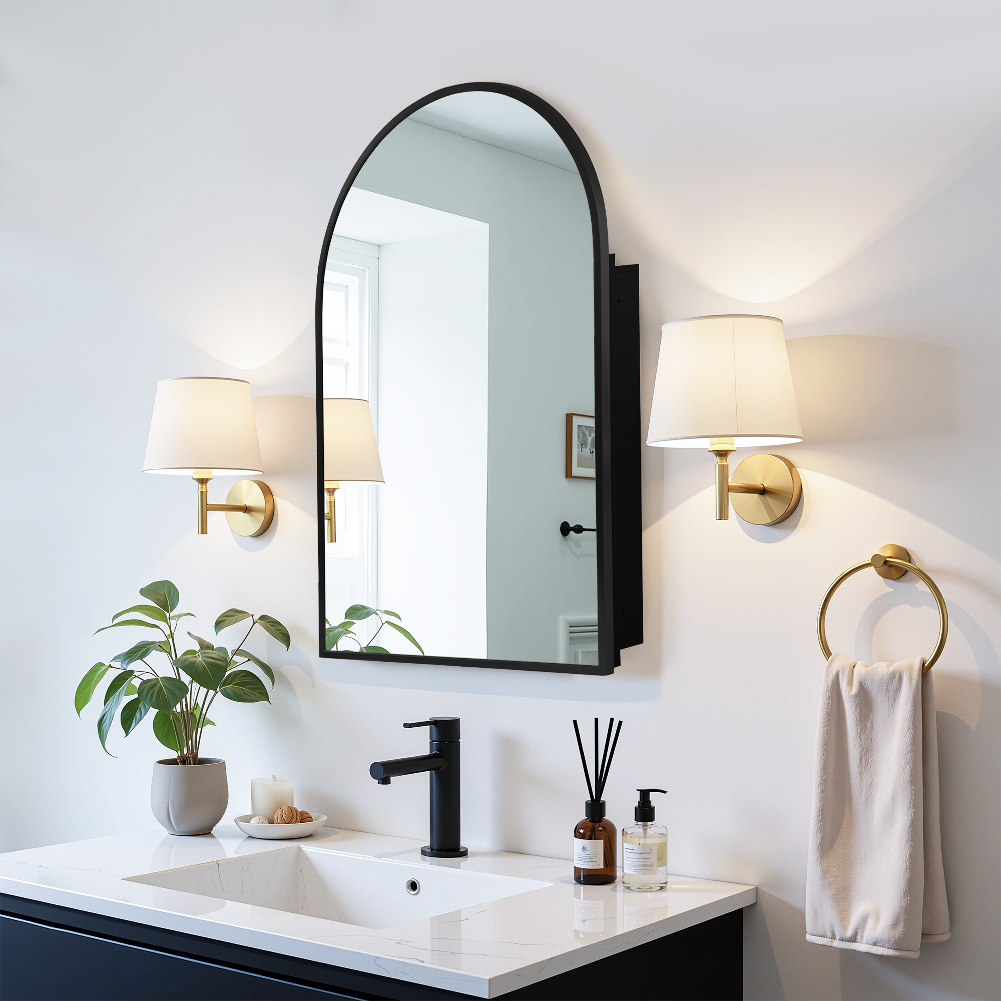 Alt View 1. PexFix - 24" x 36" Arched Mirror Medicine Cabinet - Metal Frame, Recessed or Surface Mount for Bathroom Storage - Black.