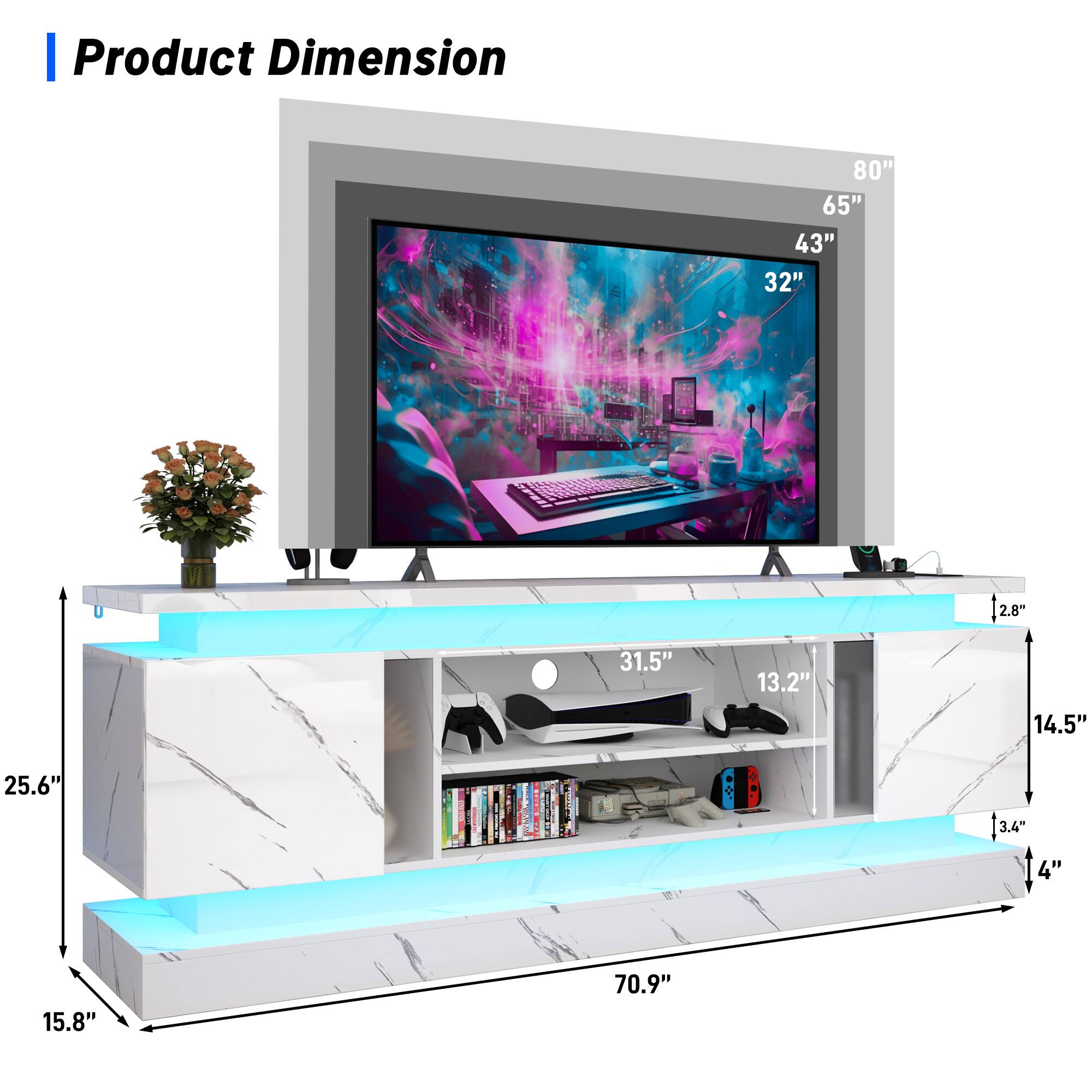 Product Dimension: 80" 65" 43" 32" 128- 2.8" 31.5" 13.2" 14.5" 25.6" 3.4" 4" 15.8" 70.9"