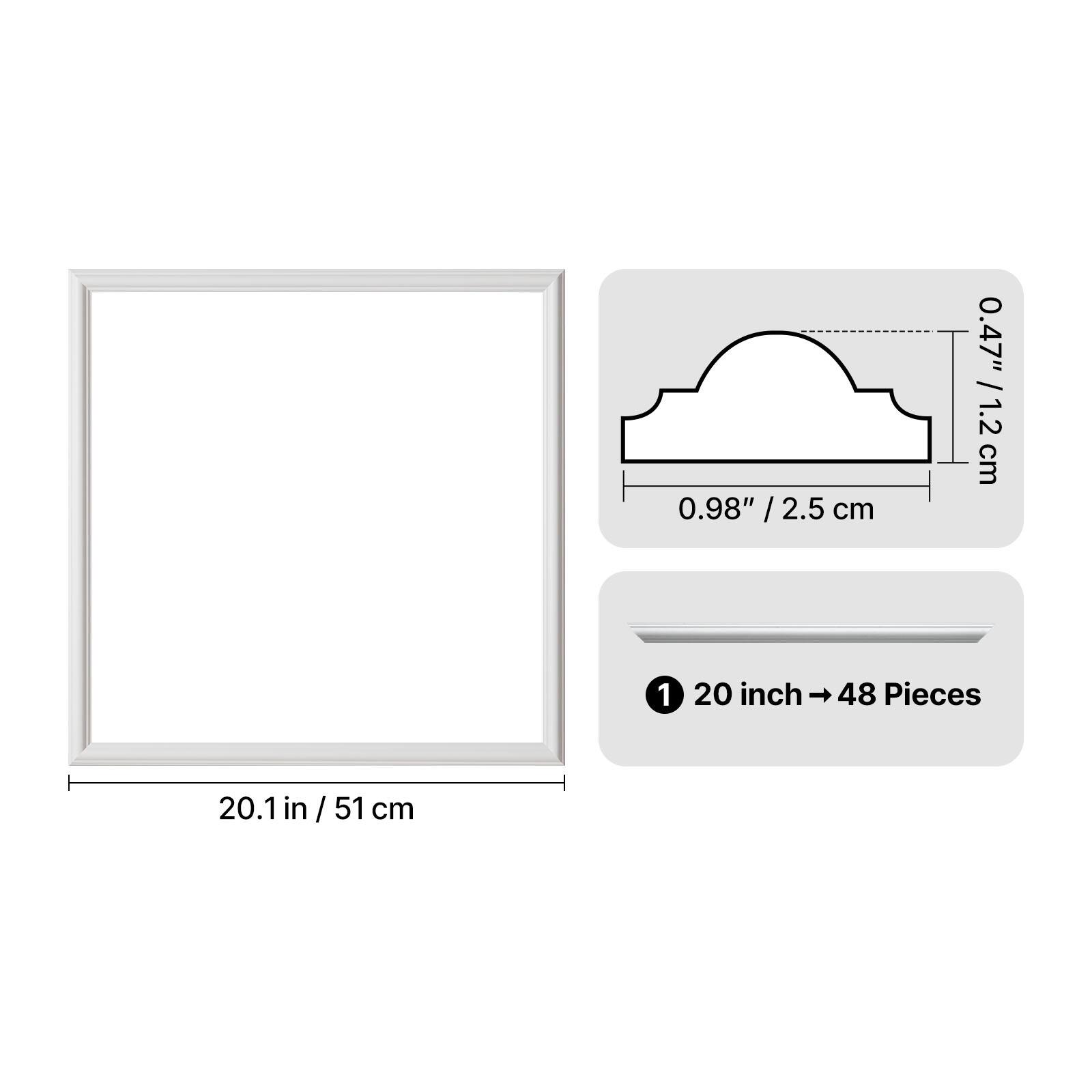 0.98" / 2.5 cm  
0.47" / 1.2 cm  
20 inch → 48 Pieces  
20.1 in / 51 cm