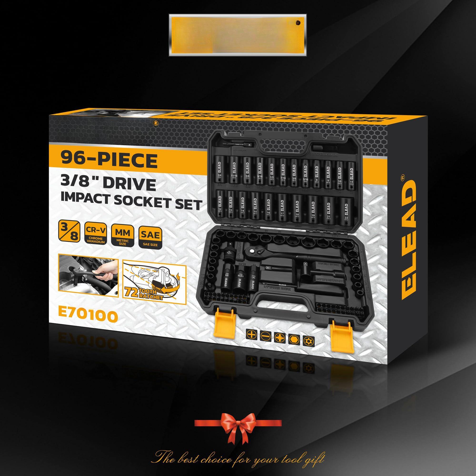 96-PIECE 3/8" DRIVE IMPACT SOCKET SET  
3 CR-V VANADIUM  
MM METRIC  
SAE SAE SIZE  
72 TOOTH BATCHES  
E70100  
The best choice for your tool gift