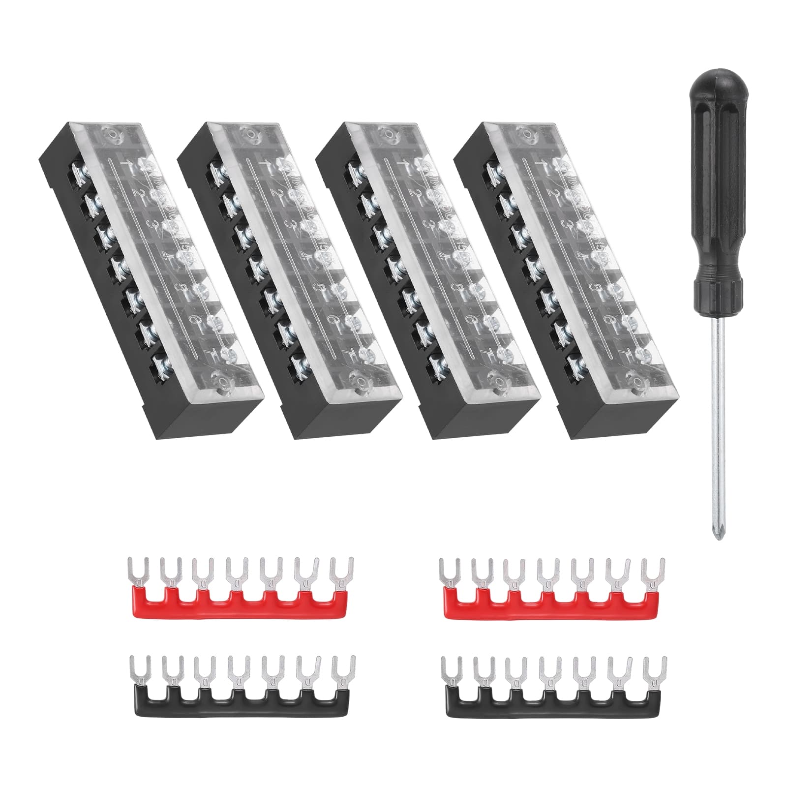 Unique Bargains - Screw Terminal Block 7 Positions, Dual Row, 600V 25A, with Screwdriver & Terminals, 4 Sets - Black