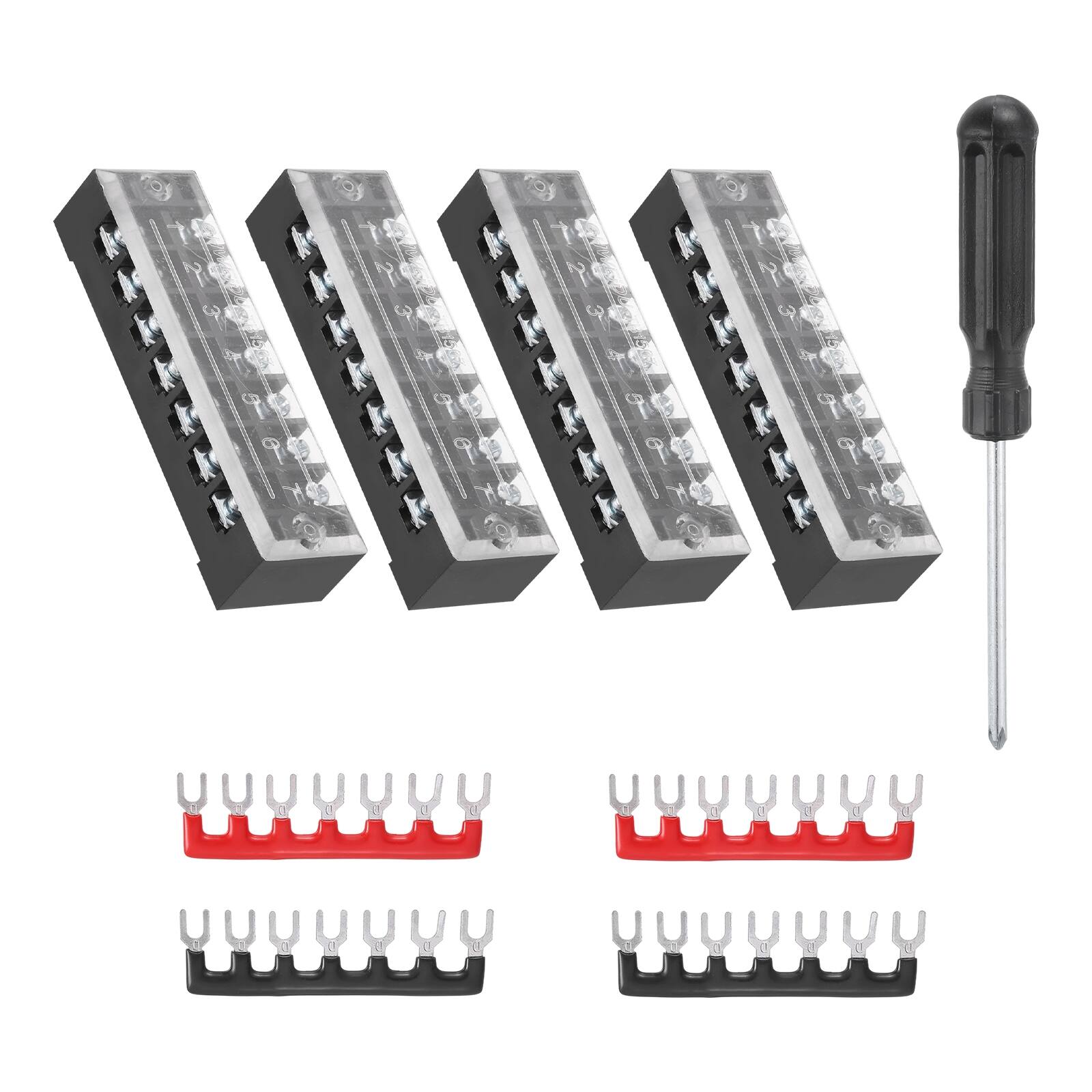 Front. Unique Bargains - Screw Terminal Block 7 Positions, Dual Row, 600V 25A, with Screwdriver & Terminals, 4 Sets - Black.