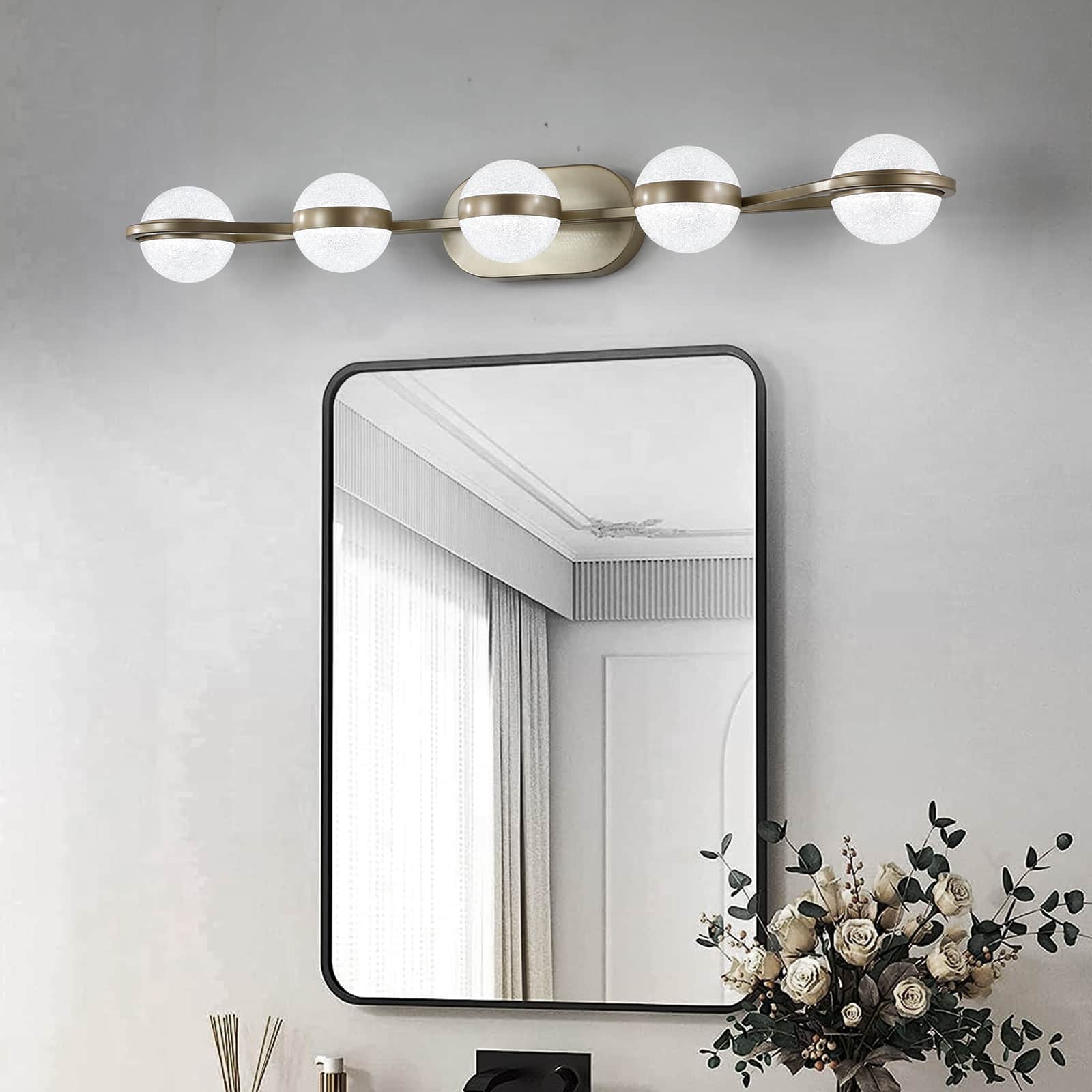 Akoasm - 35" Modern 5-Light Bathroom Vanity Light with Crystal Sand Shades, Champagne Gold, Energy-Efficient LED, Wall Mounted