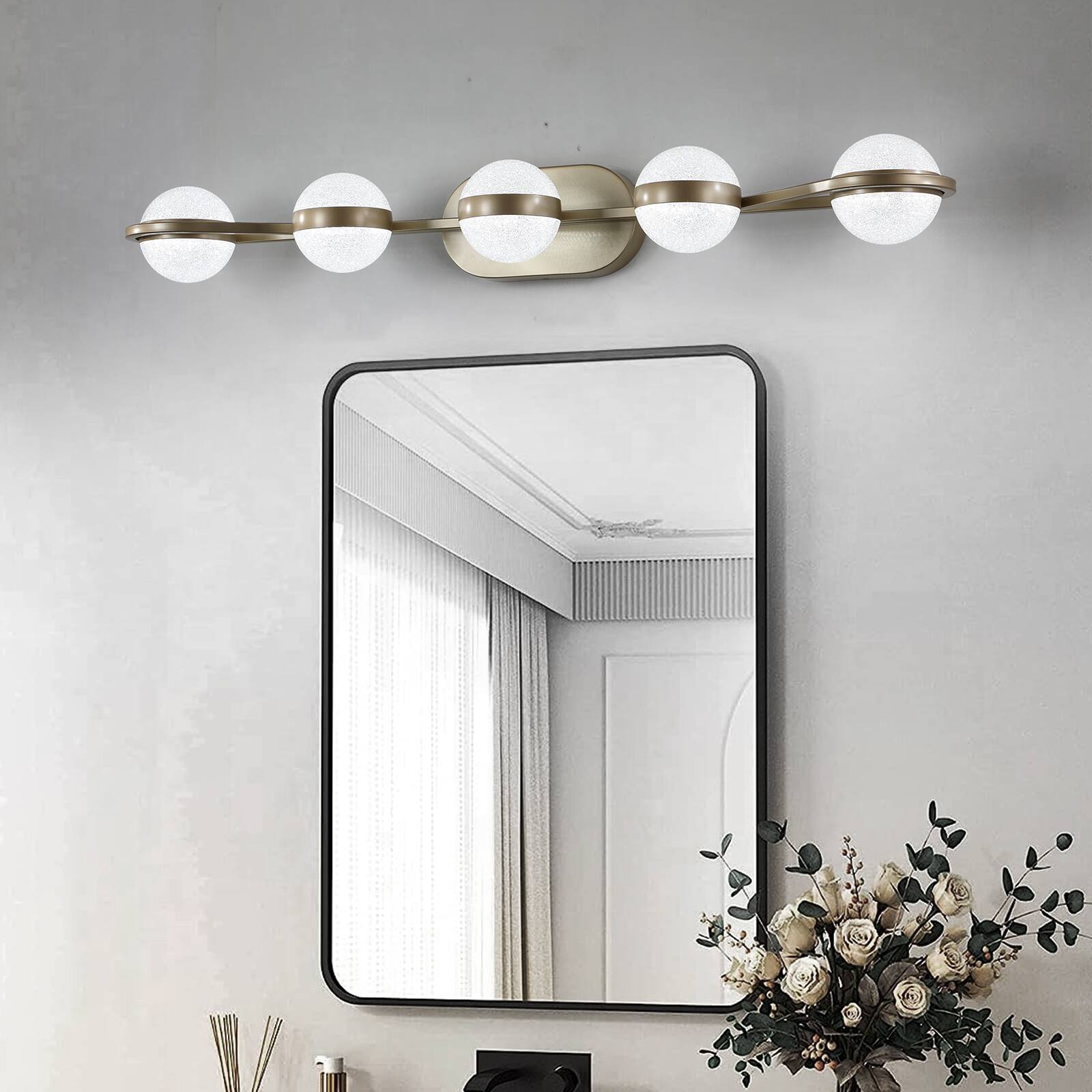 Front. Akoasm - 35" Modern 5-Light Bathroom Vanity Light with Crystal Sand Shades, Champagne Gold, Energy-Efficient LED, Wall Mounted.