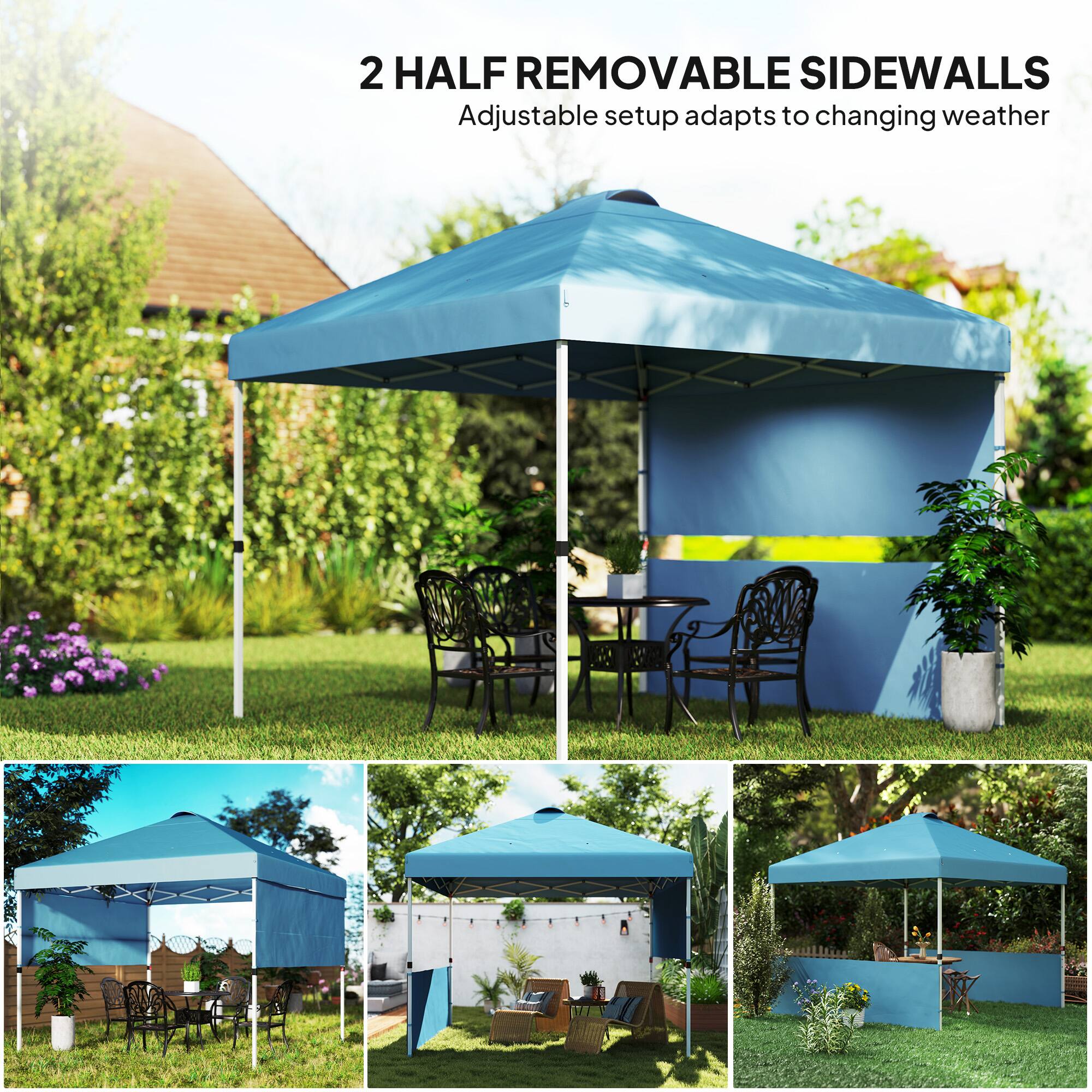 2 HALF REMOVABLE SIDEWALLS Adjustable setup adapts to changing weather 3L