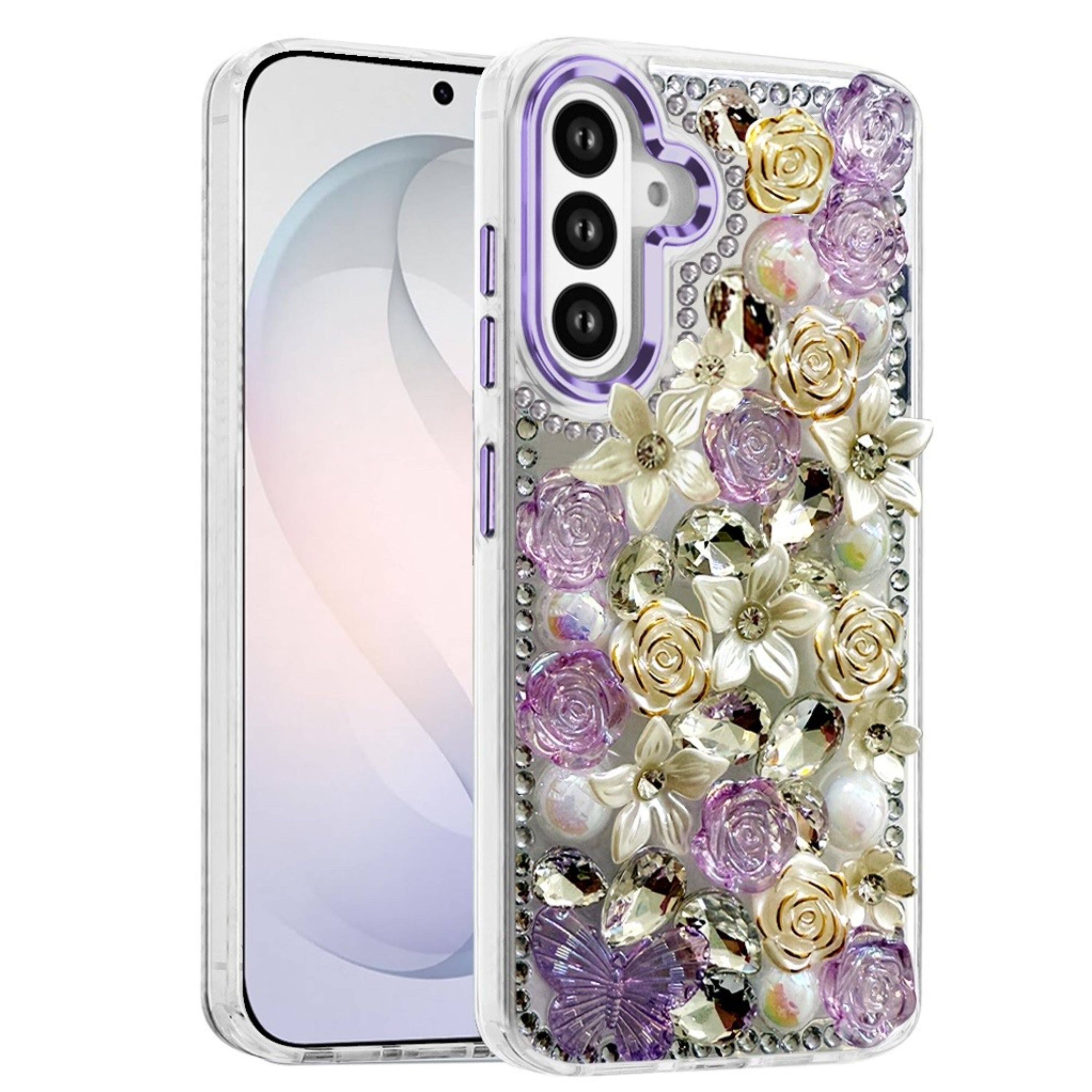 Angle. Kitcheniva - Floral Arrangement 3D Cover Plus Tempered Glass For Samsung S26 FE Purple - Purple.