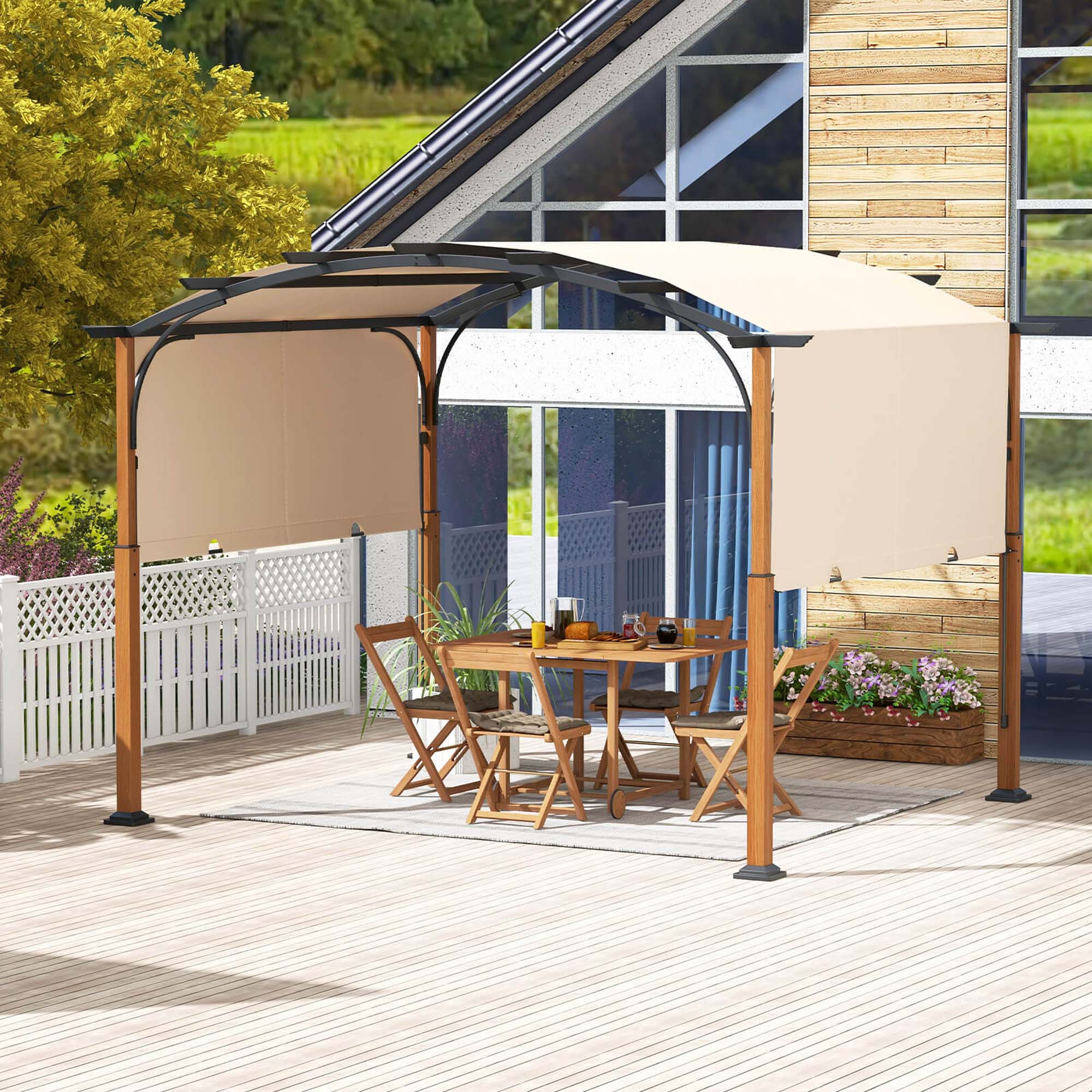 Alt View 3. Costway - Costway 10 x 12 FT Outdoor Retractable Pergola with Retractable Canopy Wood Looking Posts - Beige.