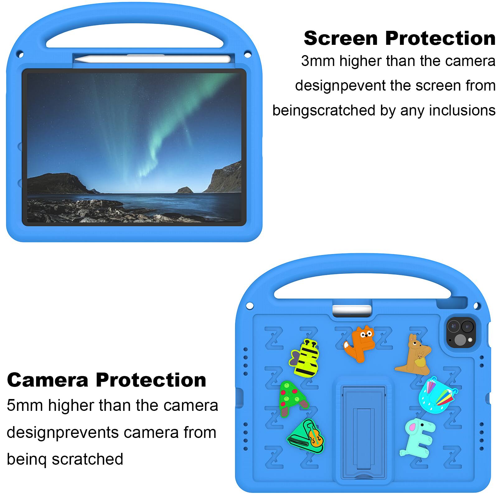 Screen Protection  
3mm higher than the camera design prevents the screen from being scratched by any inclusions

Camera Protection  
5mm higher than the camera design prevents camera from being scratched