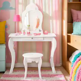 Kadyn - Kids Princess Makeup Dressing Play Table Set with Mirror - Kids Makeup Vanity for Girls Kids - White