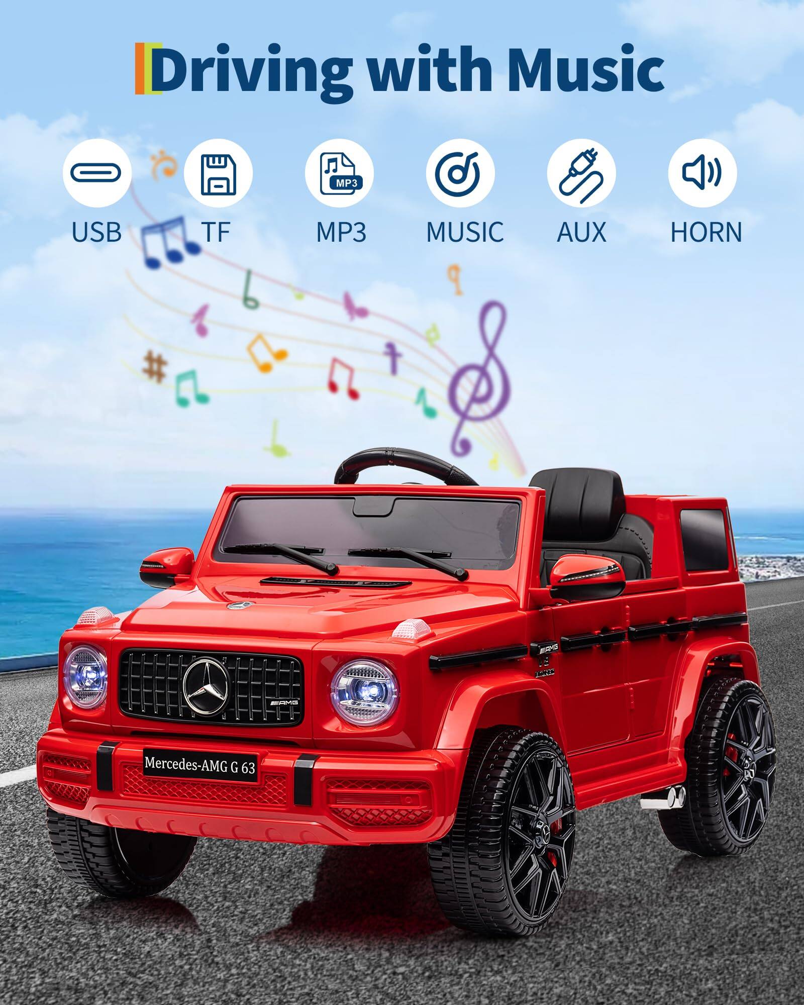 Driving with Music

- USB
- TF
- MP3
- MUSIC
- AUX
- HORN

Mercedes-AMG G 63