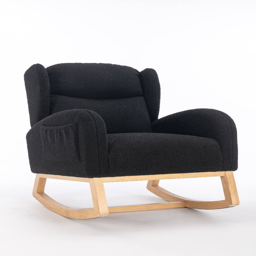 Alt View 3. Loheer - Loheer Black Teddy Fabric Nursery Rocking Chair with Wingback, Solid Wood Base Leisure Rocker, High Backrest - Black.