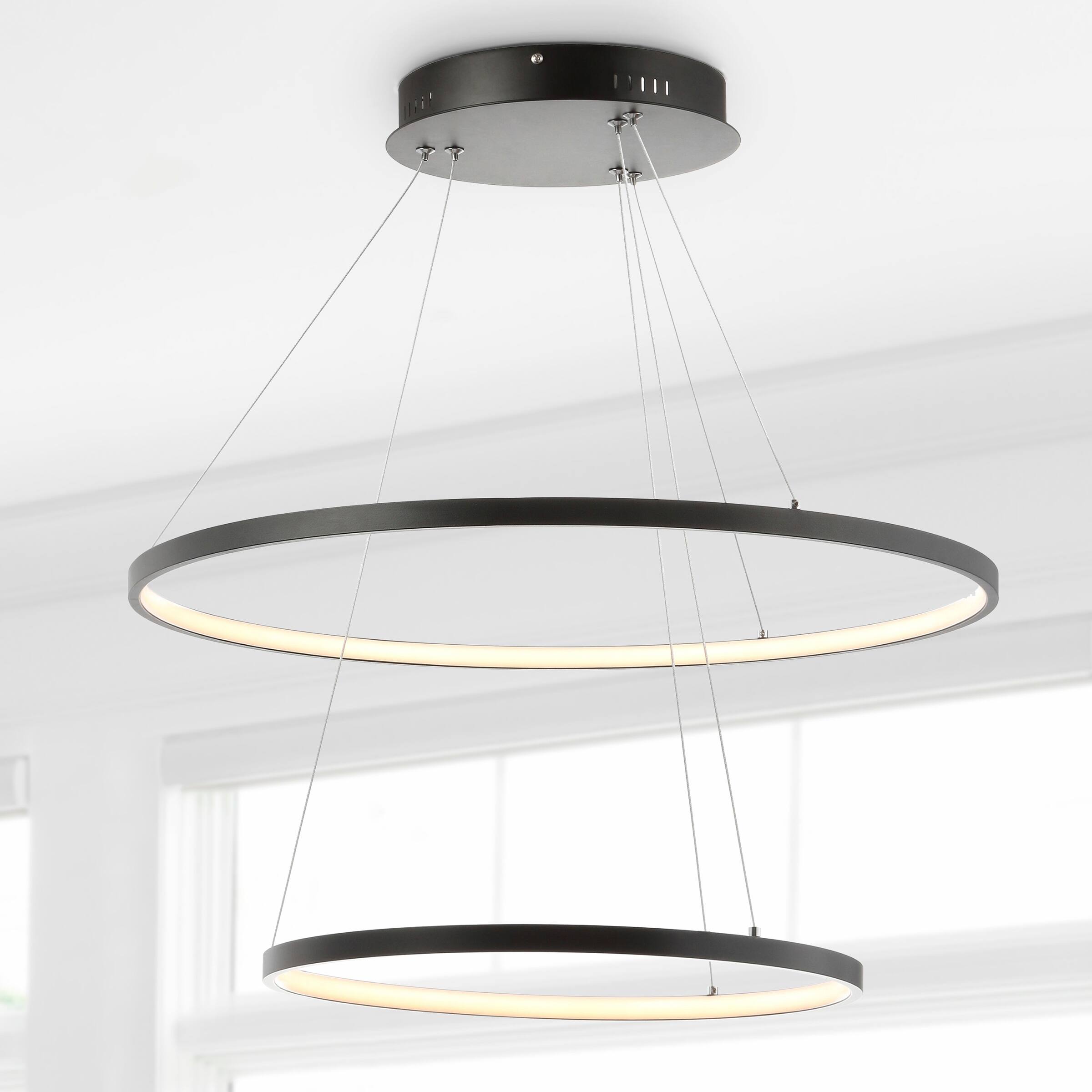 Alt View 1. Jonathan Y - Brice 24" 2-Light Modern Contemporary Metal Round Integrated LED Pendant, Matte Black - Matte Black.