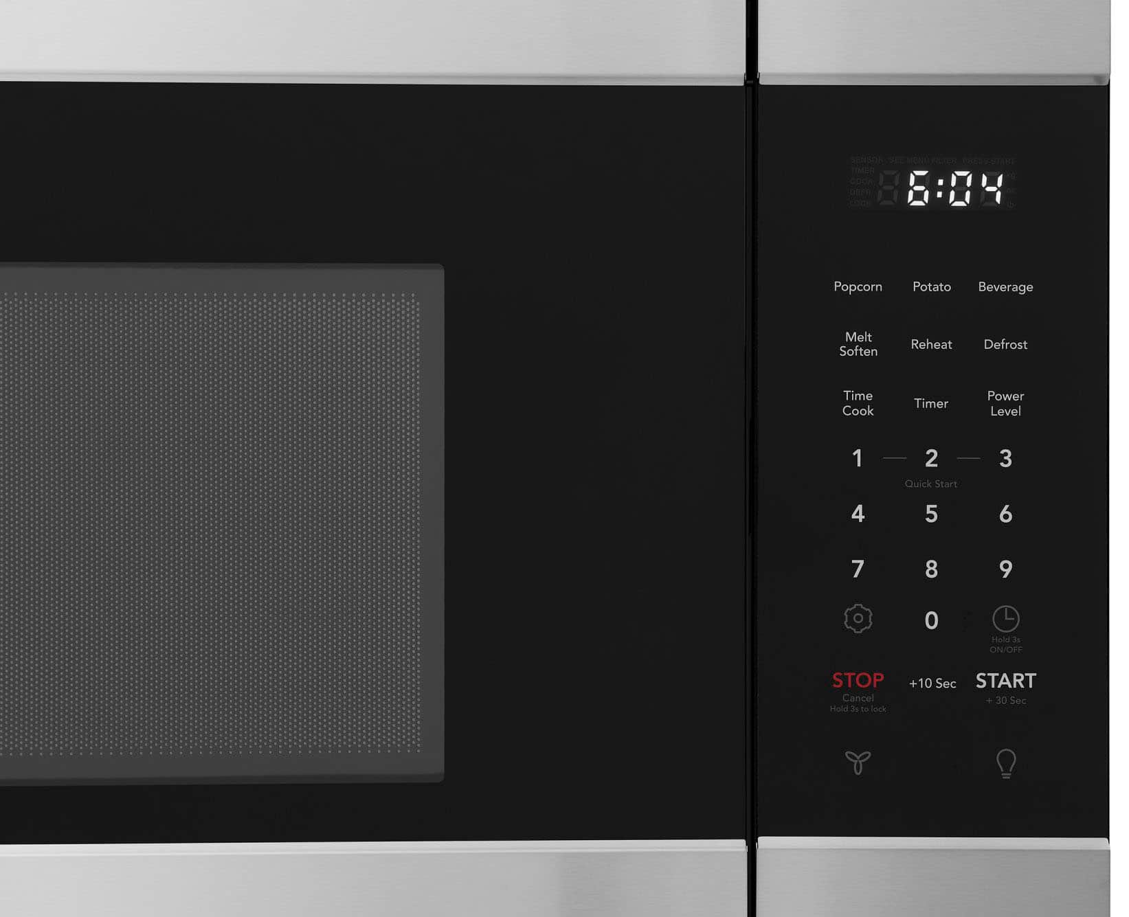 The text on the image reads:
"Serving Size: 16:88
Popcorn, Potato, Beverage, Melt, Soften, Reheat, Defrost, Time, Cook Timer, Power Level 1 | 2, Quick Start, 3, 4, 5, 6, 7, 8, 9, 0, Huld 31 ON/OFF, STOP, Cancel, Hald 3s, 15 lock +10 Sec, START, 30 Sec."