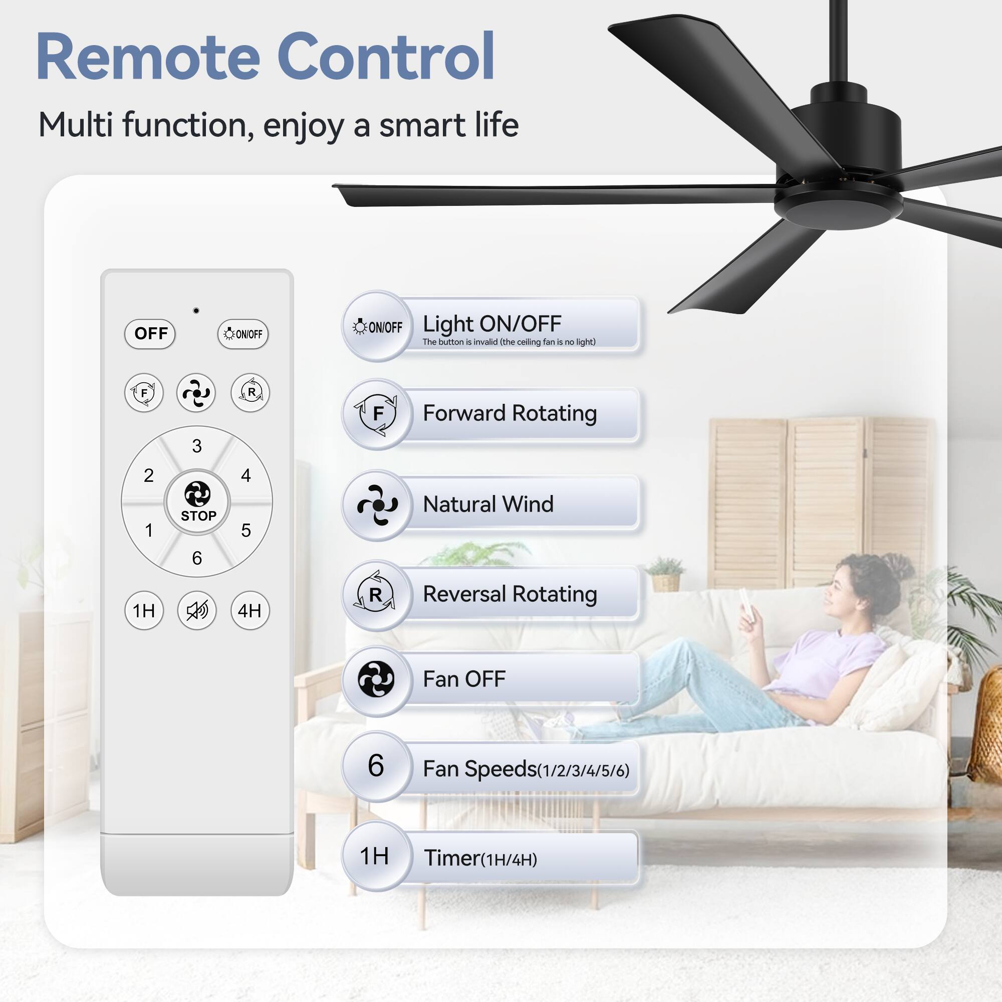 Remote Control
Multi function, enjoy a smart life
OFF CONOFF ONIOFF Light ON/OFF The button is invalid (the ceiling fan is no light)
F 3 R F Forward Rotating 2 1 STOP 6 4 5 Natural Wind 1H 4H R Reversal Rotating Fan OFF 6 Fan Speeds(1/2/3/4/5/6) 1H Timer(1H/4H)