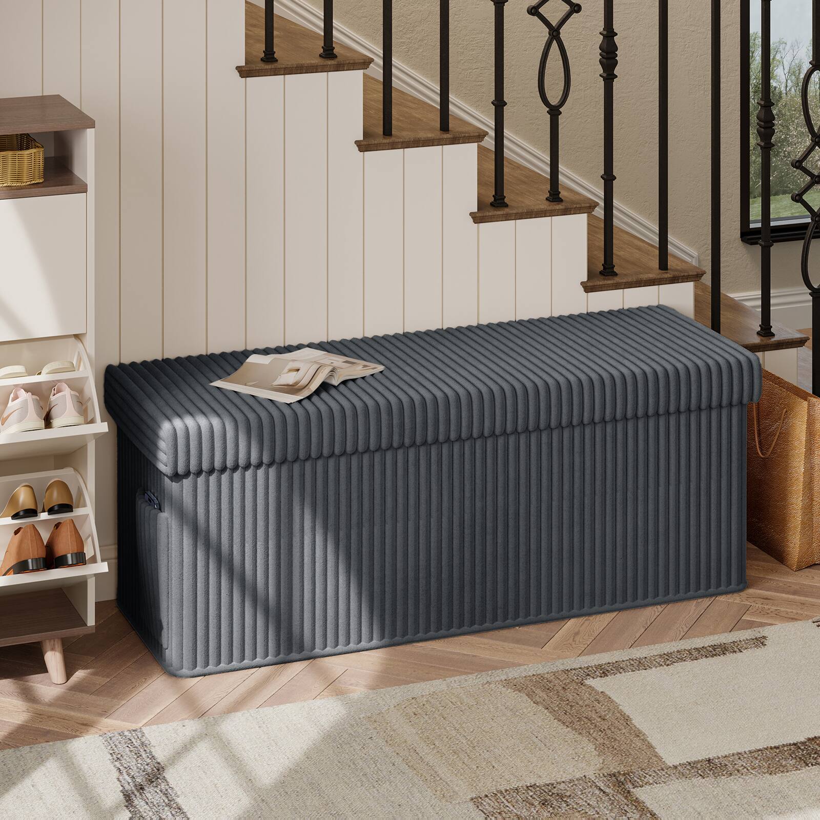 Angle. Pinmoco - Pinmoco- Corduroy Ottoman Plush Foldable Bench with Free Cozy Blanket - Dark Gray.