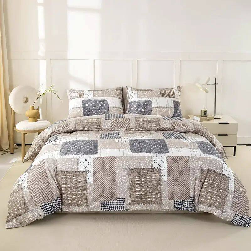 Left. Shatex - Beige square pattern twin 2 pieces comforter set, simple, sophisticated - beige.