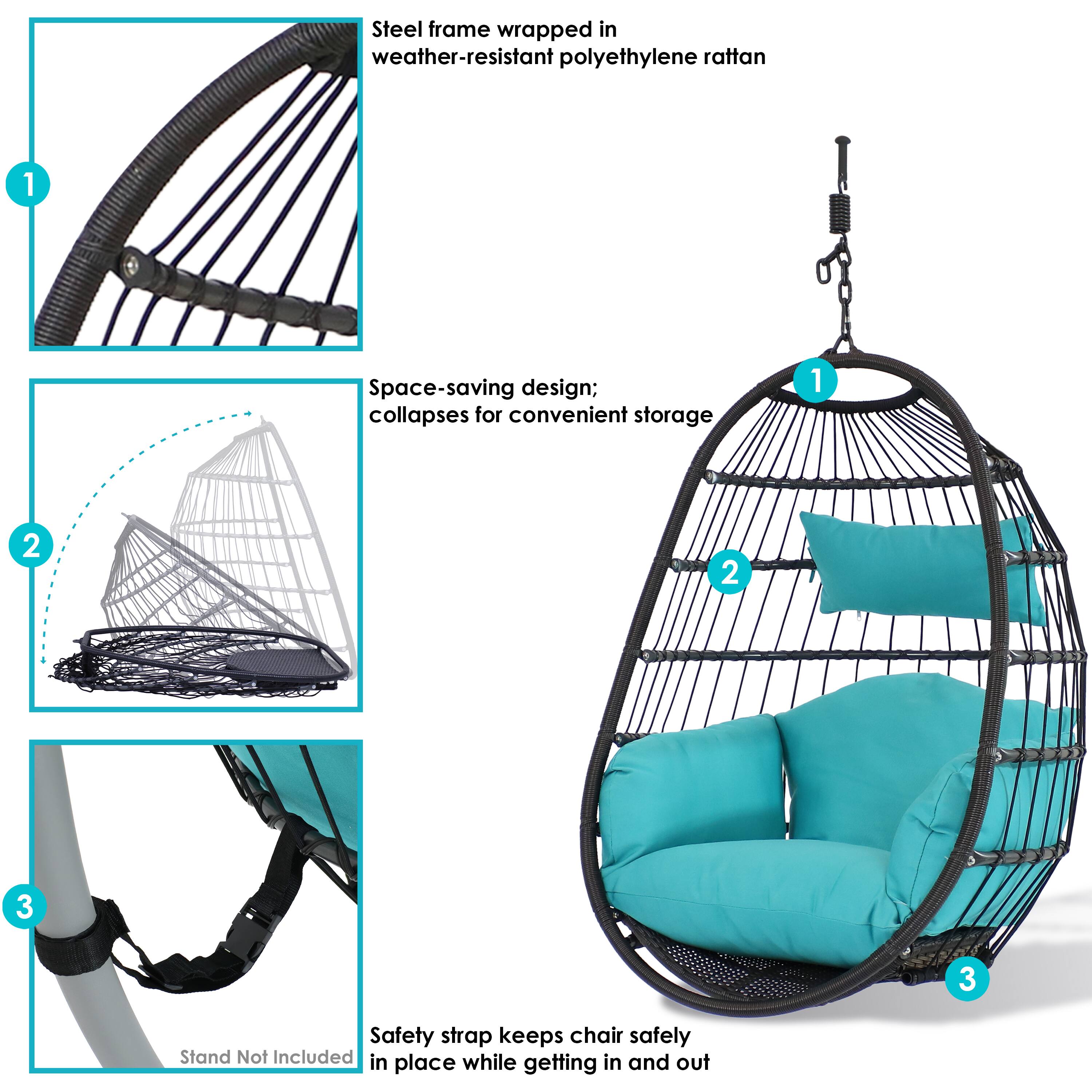 1. Steel frame wrapped in weather-resistant polyethylene rattan
2. Space-saving design; collapses for convenient storage
3. Safety strap keeps chair safely in place while getting in and out
Stand Not Included