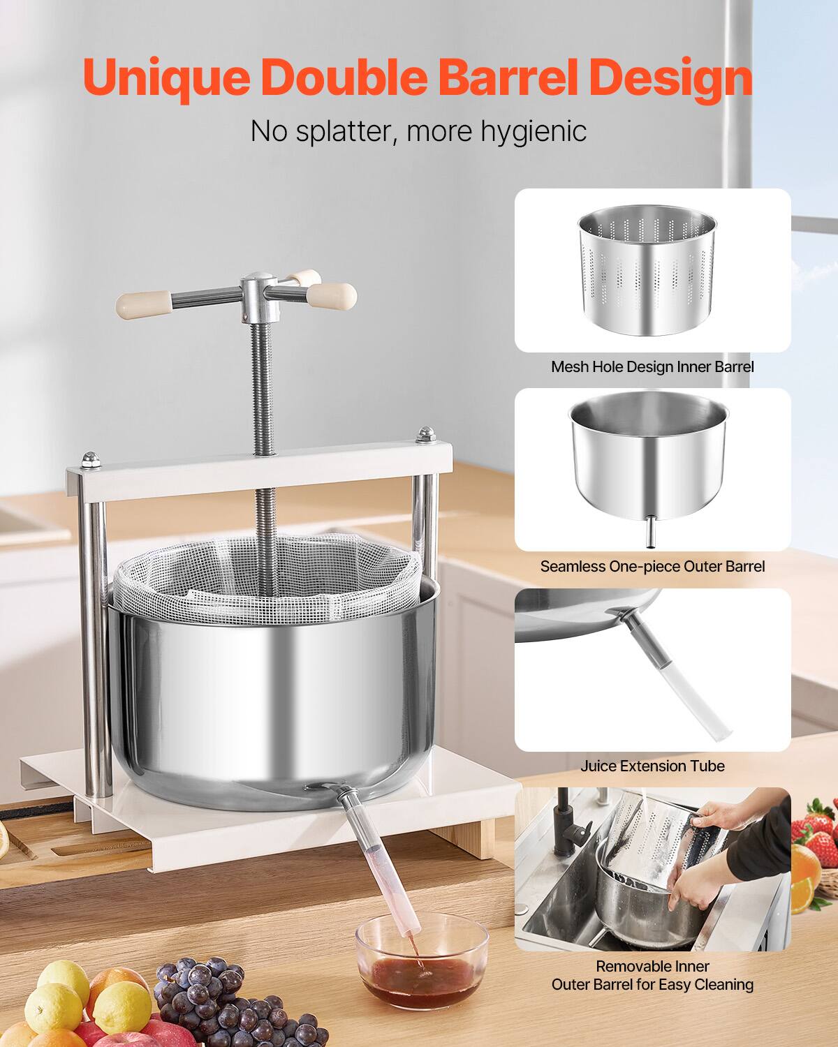 Unique Double Barrel Design  
No splatter, more hygienic  

Mesh Hole Design Inner Barrel  
Seamless One-piece Outer Barrel  
Juice Extension Tube  
Removable Inner Outer Barrel for Easy Cleaning