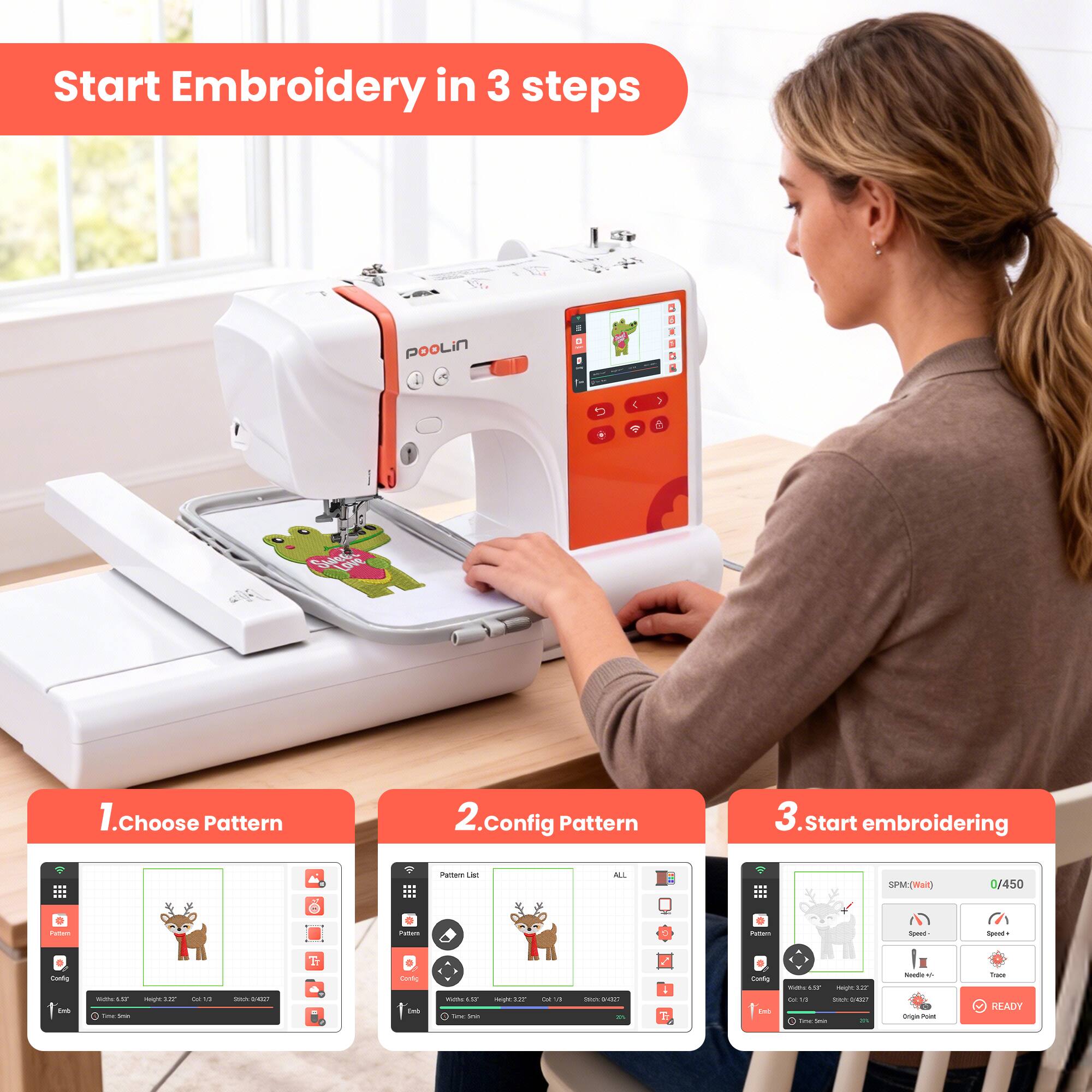 Start Embroidery in 3 steps

1. Choose Pattern
2. Config Pattern
3. Start embroidering