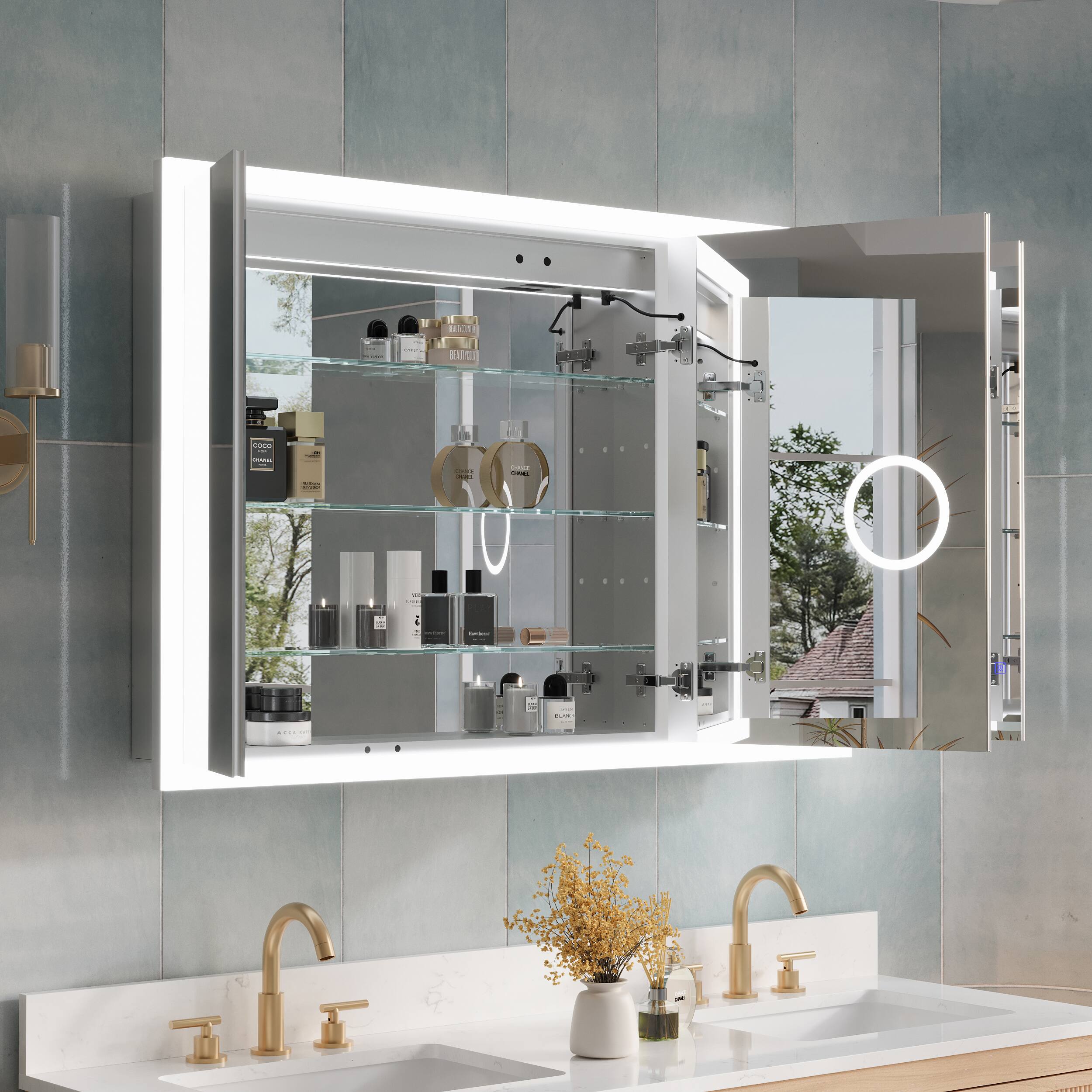 Alt View 1. WELLFOR - 48 in. W x 32 in. H Rectangular Surface or Recessed Mount Aluminum Medicine Cabinet with Mirror - Silver.