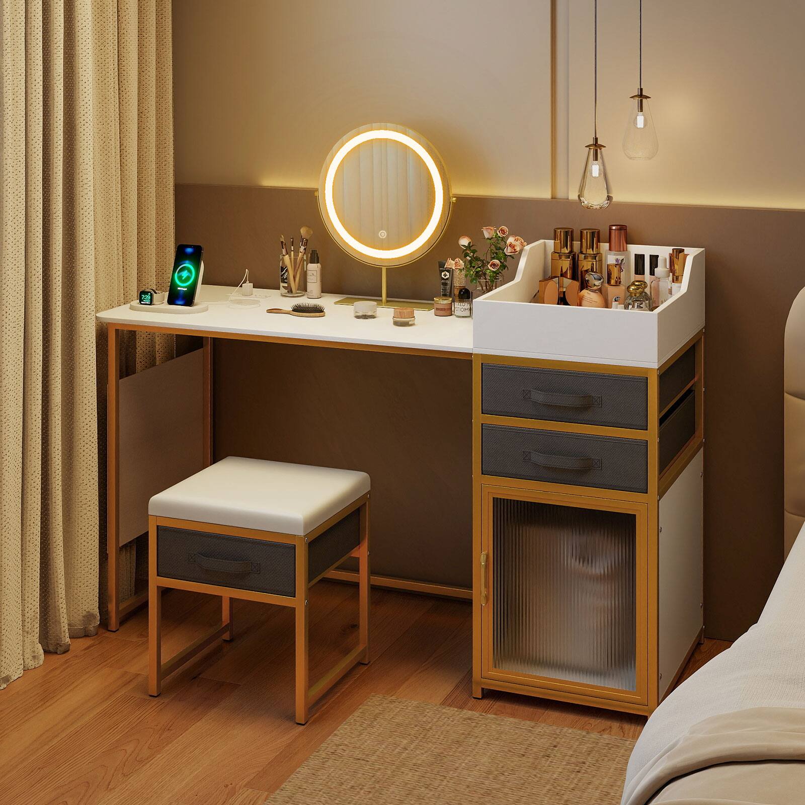 Alt View 4. Gymax - Gymax Vanity Desk w/ Rotatable Lighted Mirror 55'' Makeup Vanity Table w/ Organizer - White.